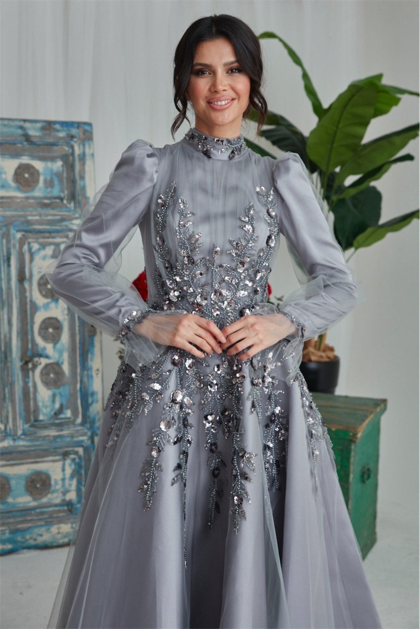 Butterfly Hijab Evening Dress - Gray