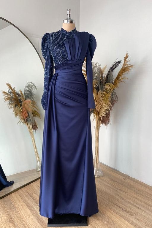 Farah Hijab Evening Dress - Navy Blue