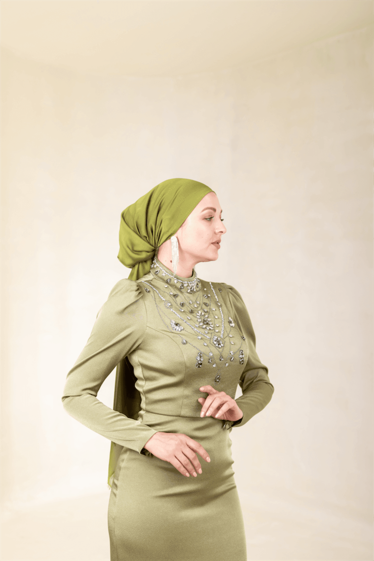 Irene Hijab Evening Dress - Oil Green