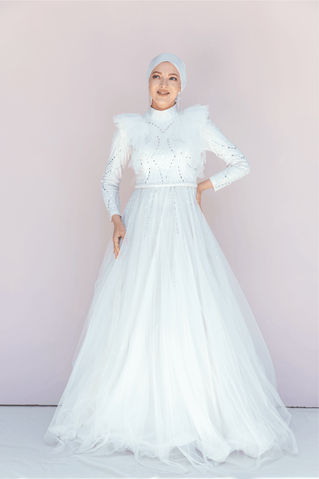 Rosette Hijab Evening Dress - White