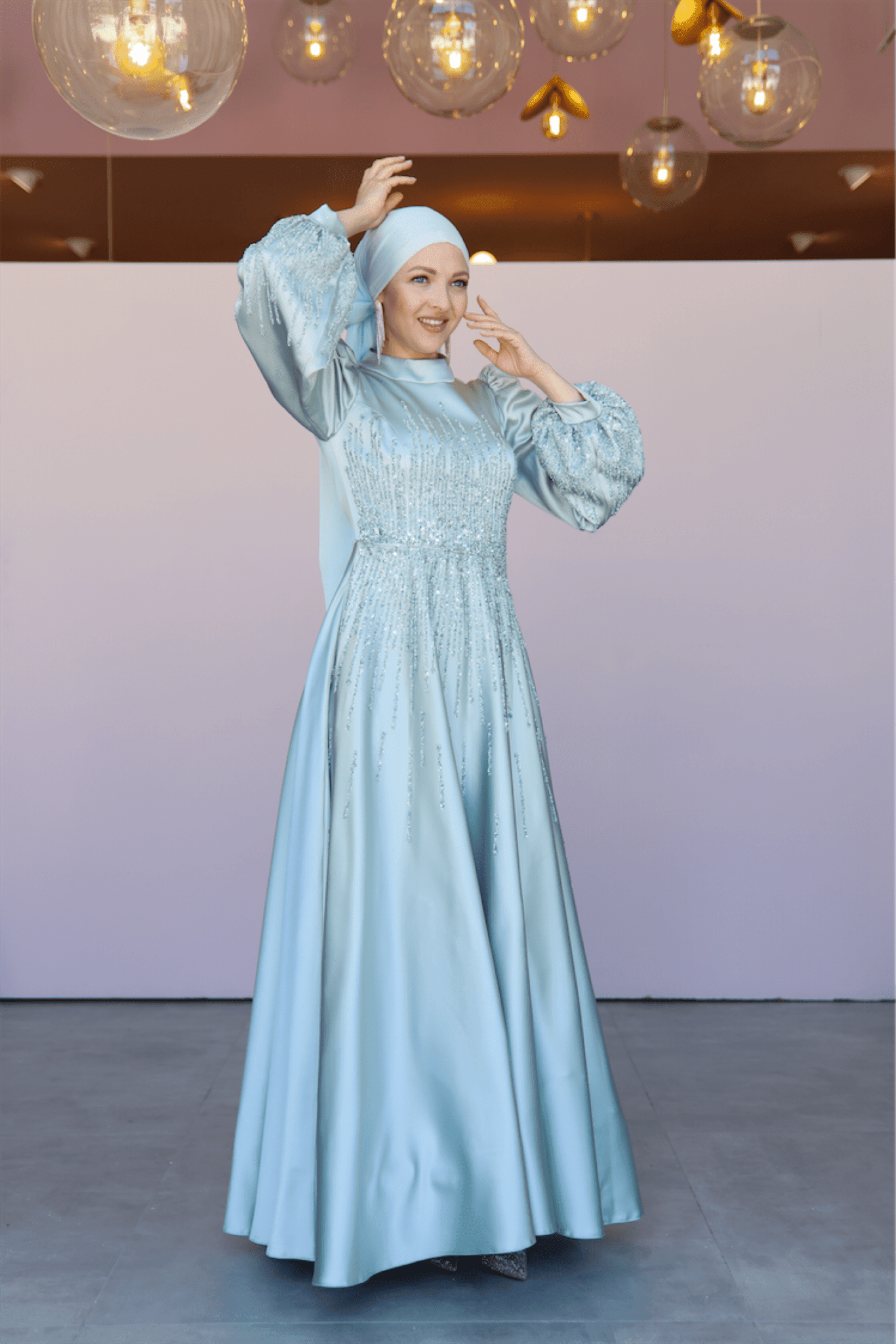 Water Hijab Evening Dress - Water Green