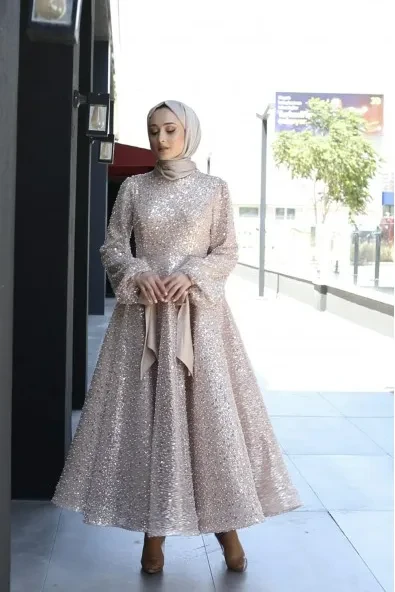 Gelincik Hijab Evening Dress - Mink