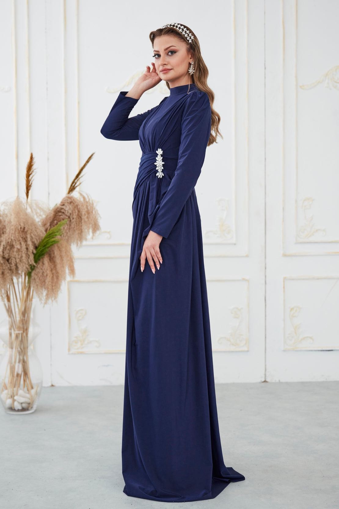 Simay Hijab Evening Dress - Navy Blue