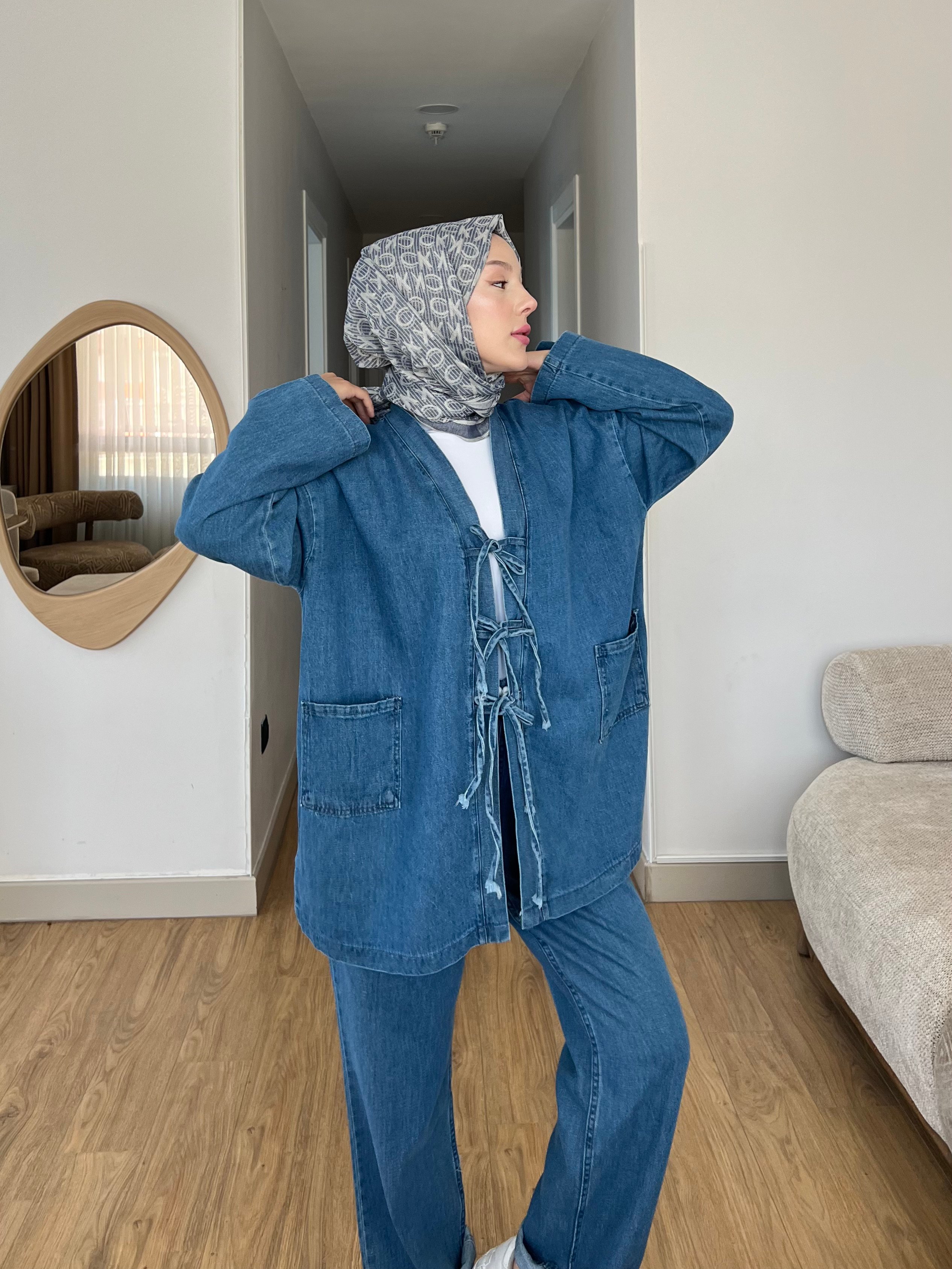 Kimono Pantolon Rahat Klıp Denim İkili Takım