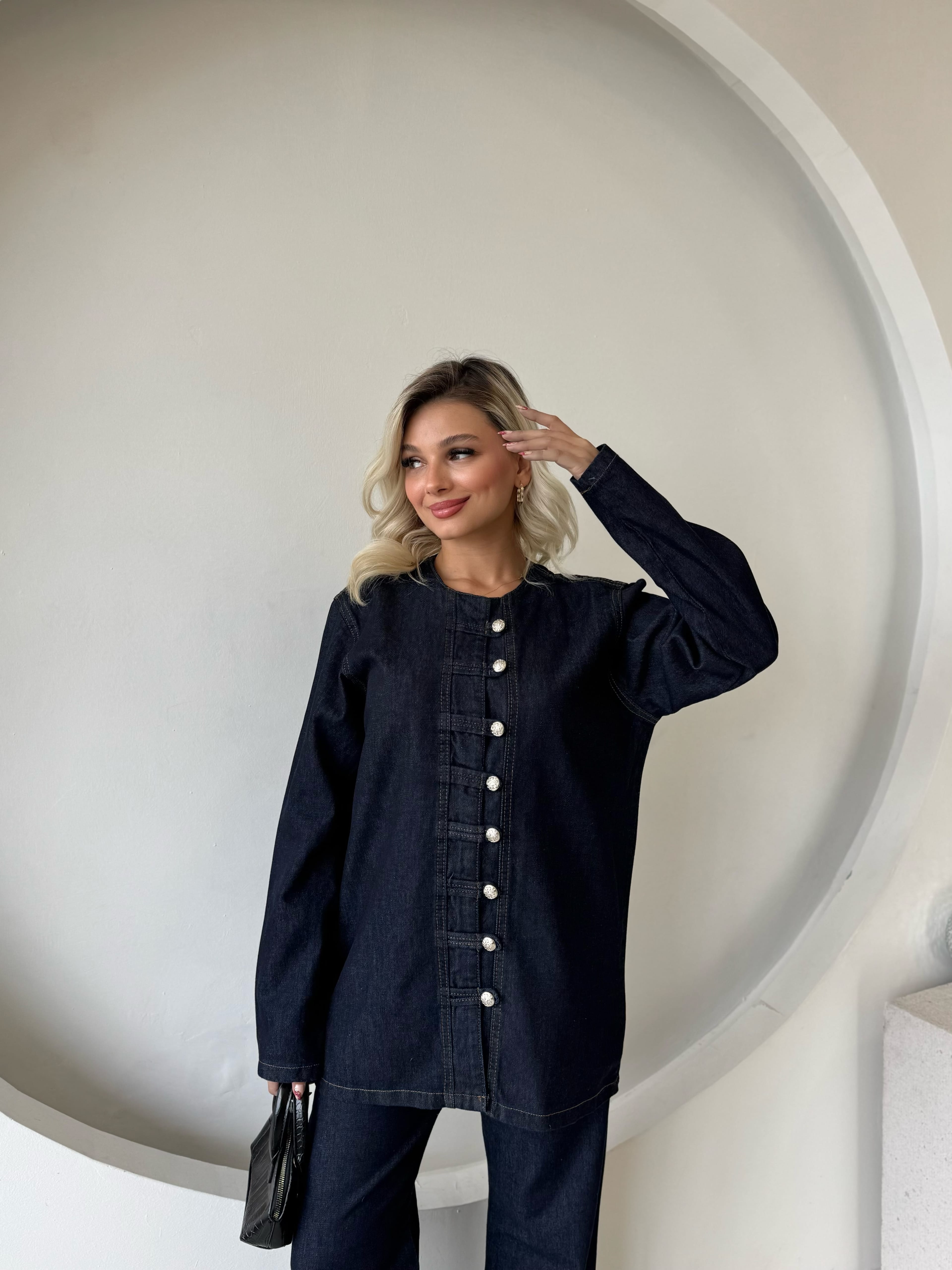 Düğme Detaylı Gömlek-Hafif İspanyol İkili Denim Takım