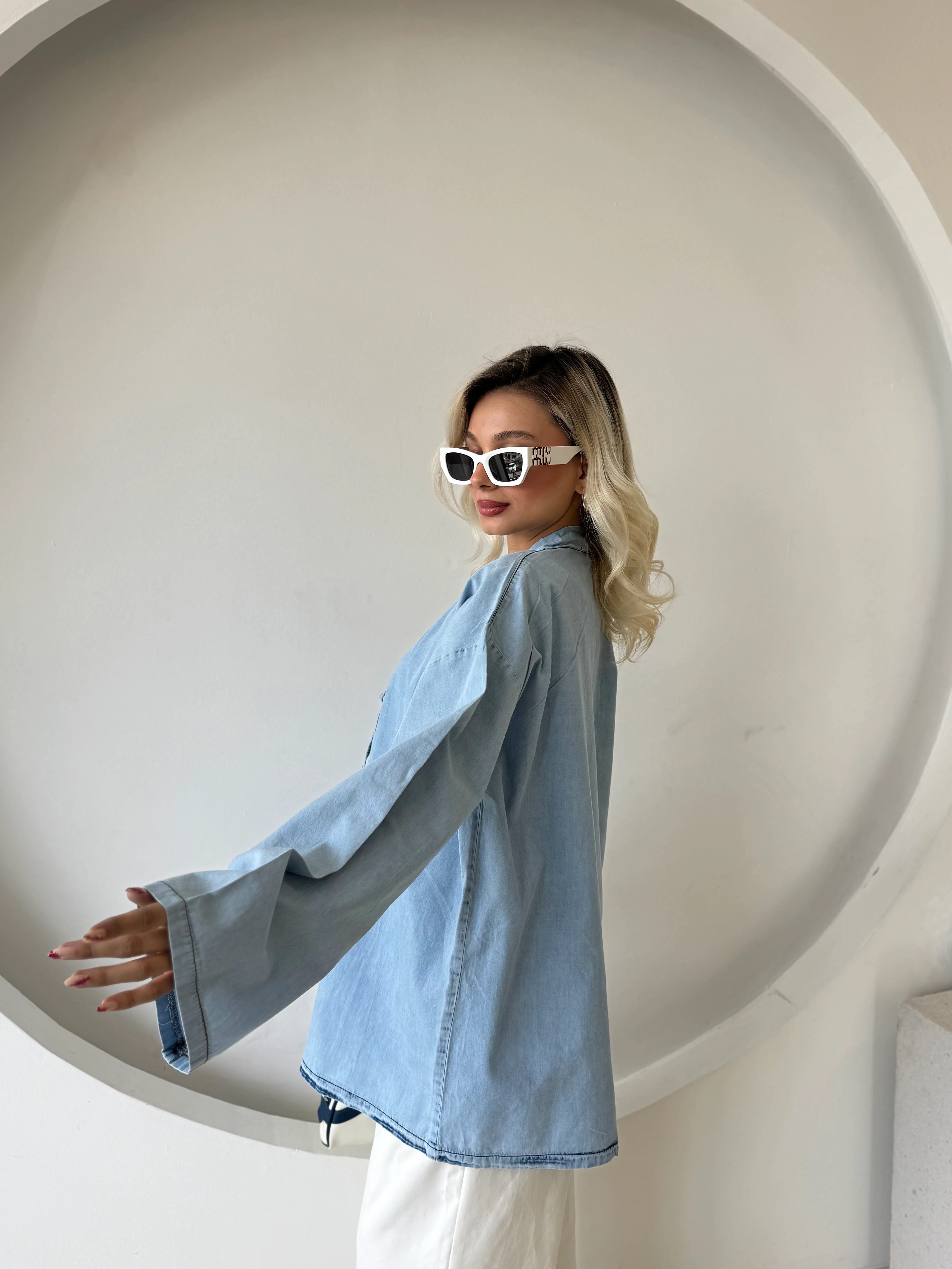 Yıkamalı Bağcık Detaylı Denim Kimono 