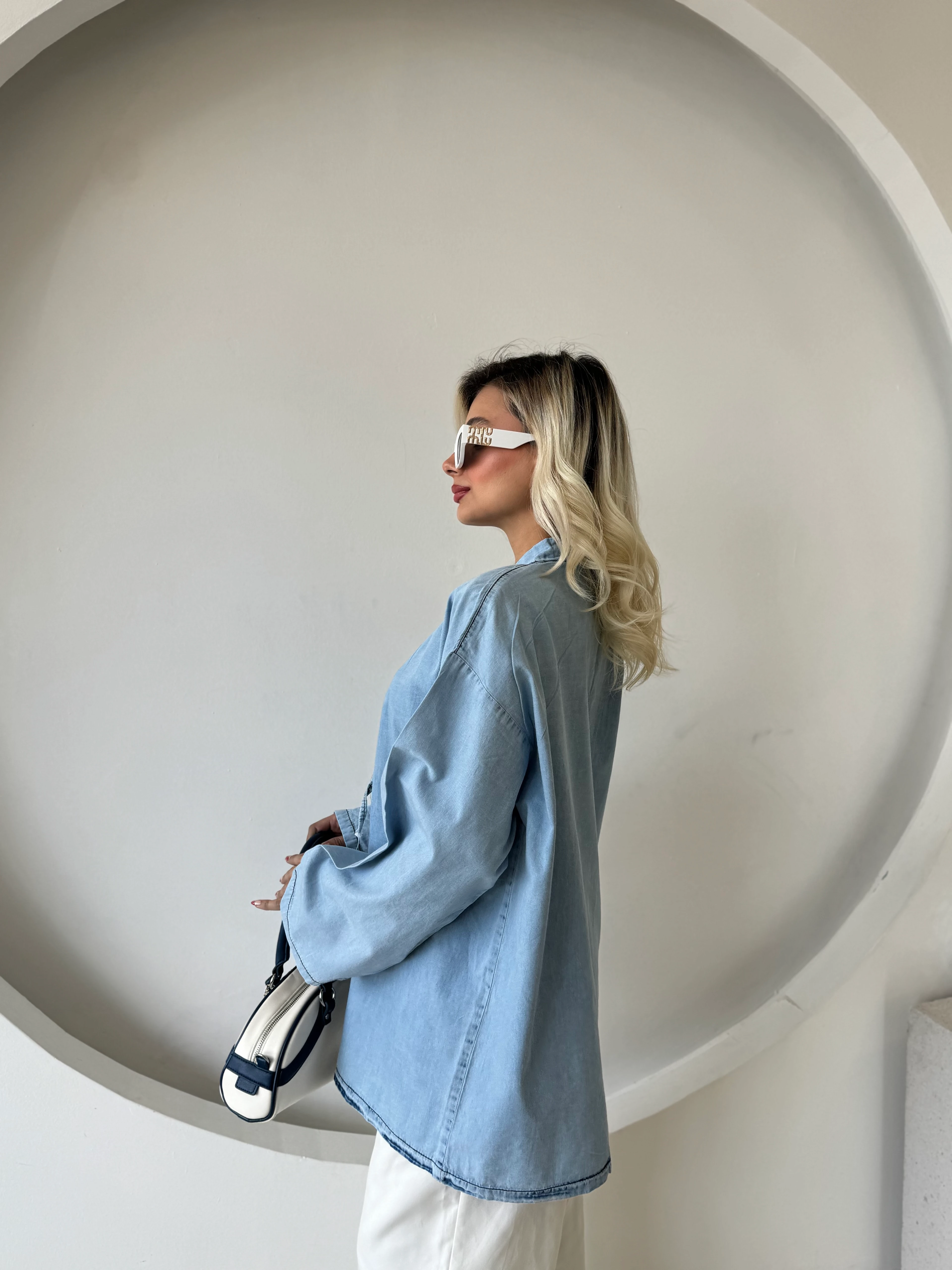 Yıkamalı Bağcık Detaylı Denim Kimono 