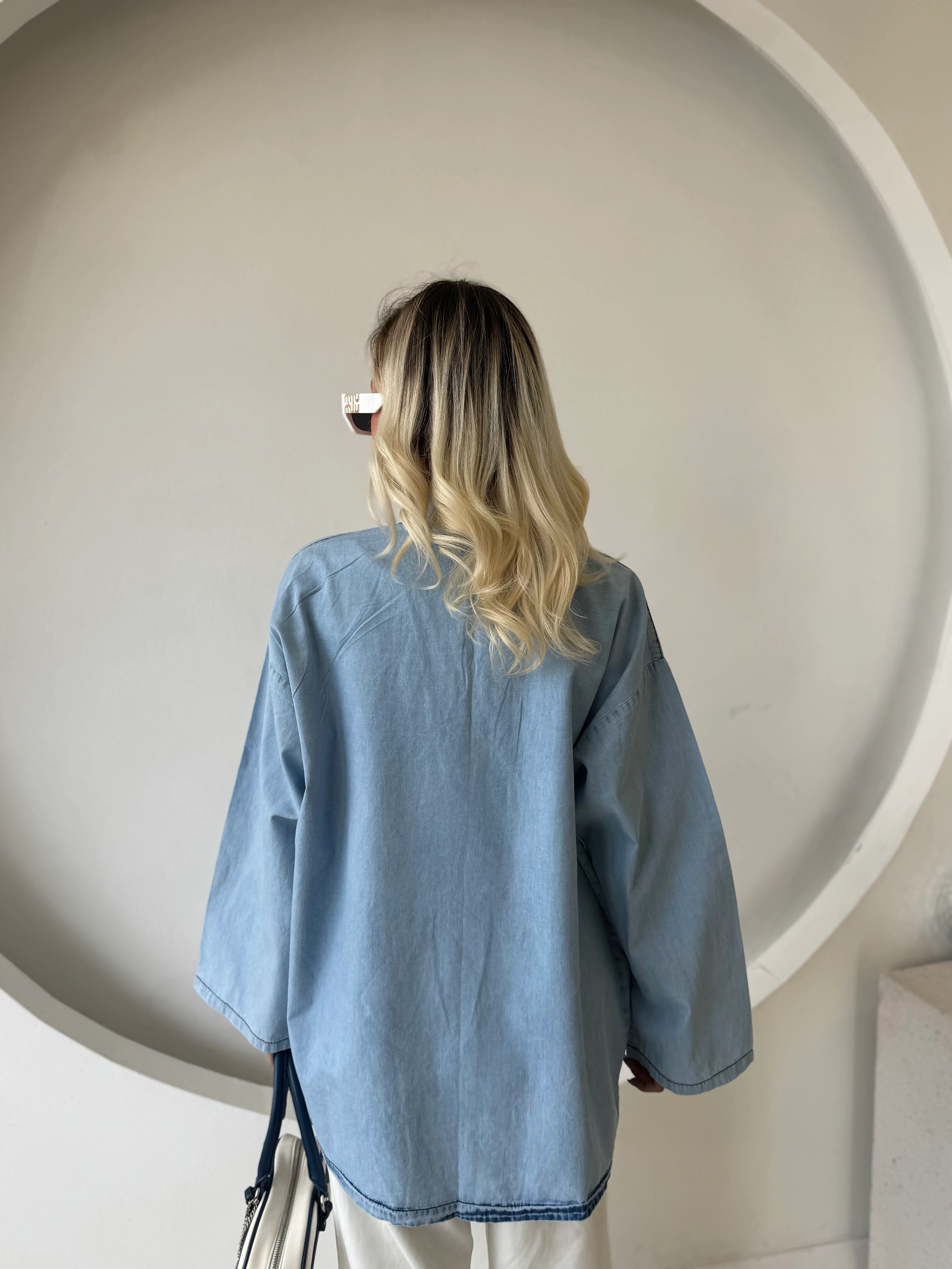 Yıkamalı Bağcık Detaylı Denim Kimono 