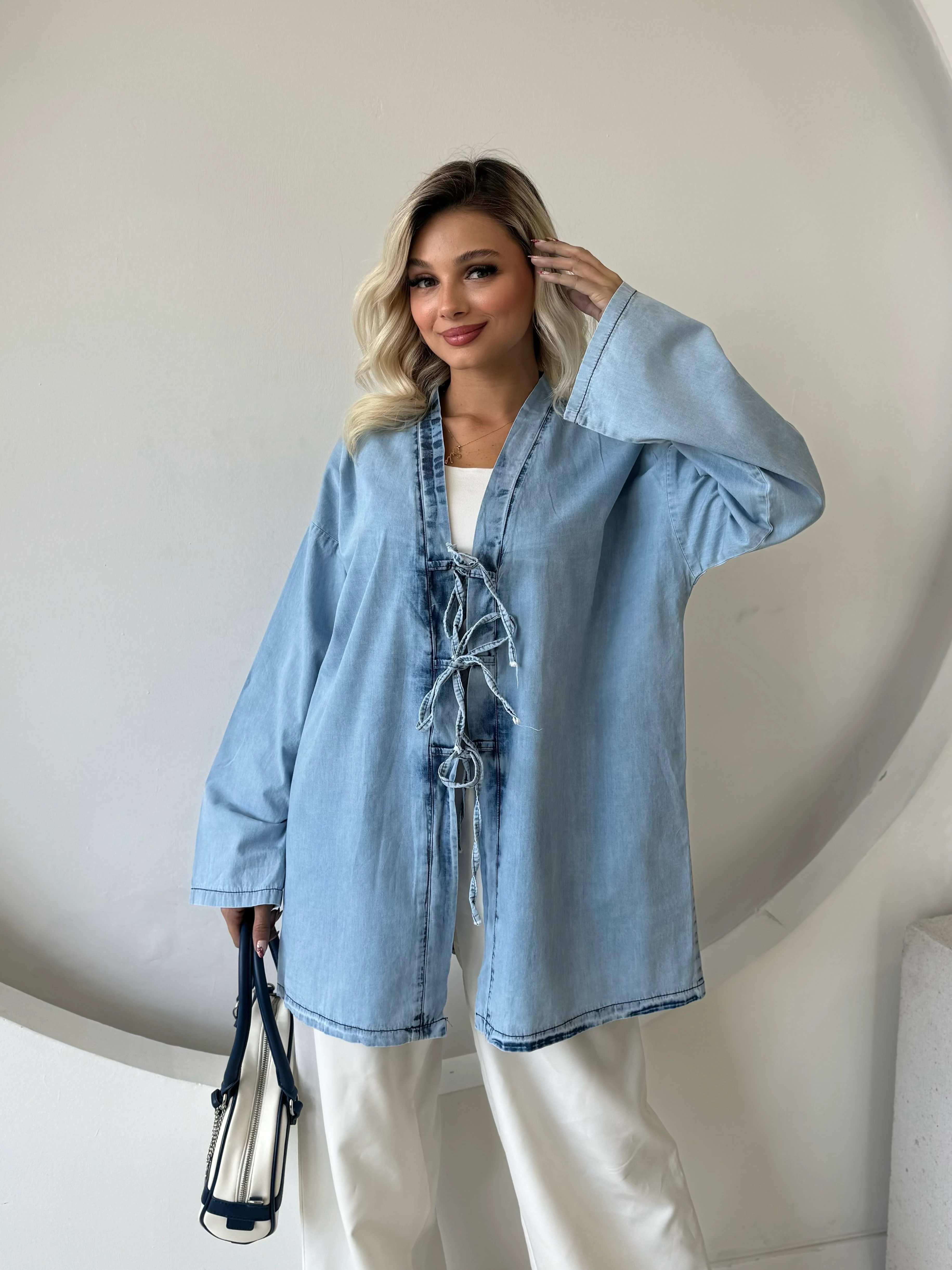 Yıkamalı Bağcık Detaylı Denim Kimono 