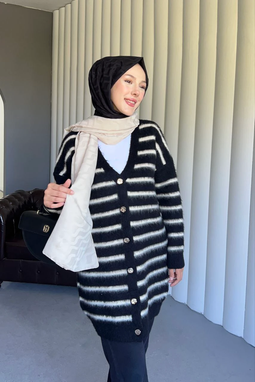 Çizgili Yumoş Dokulu Triko Hırka