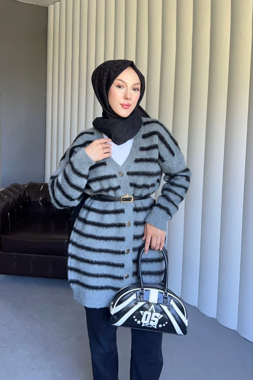 Çizgili Yumoş Dokulu Triko Hırka - GRİ