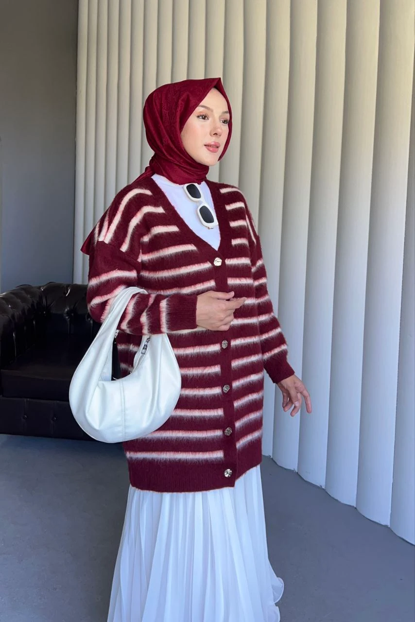 Çizgili Yumoş Dokulu Triko Hırka - BORDO