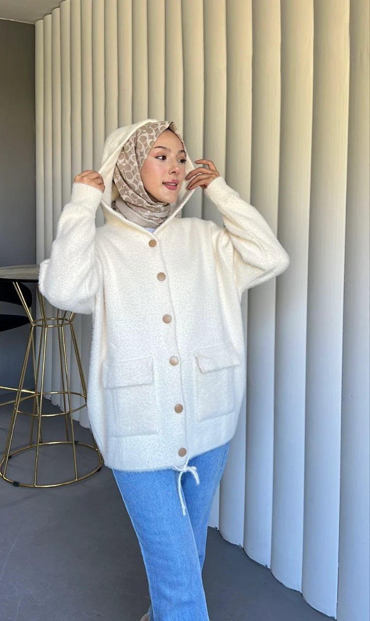 Kapşonlu Alt İp Büzgülü Salaş Triko Yumoş Hırka