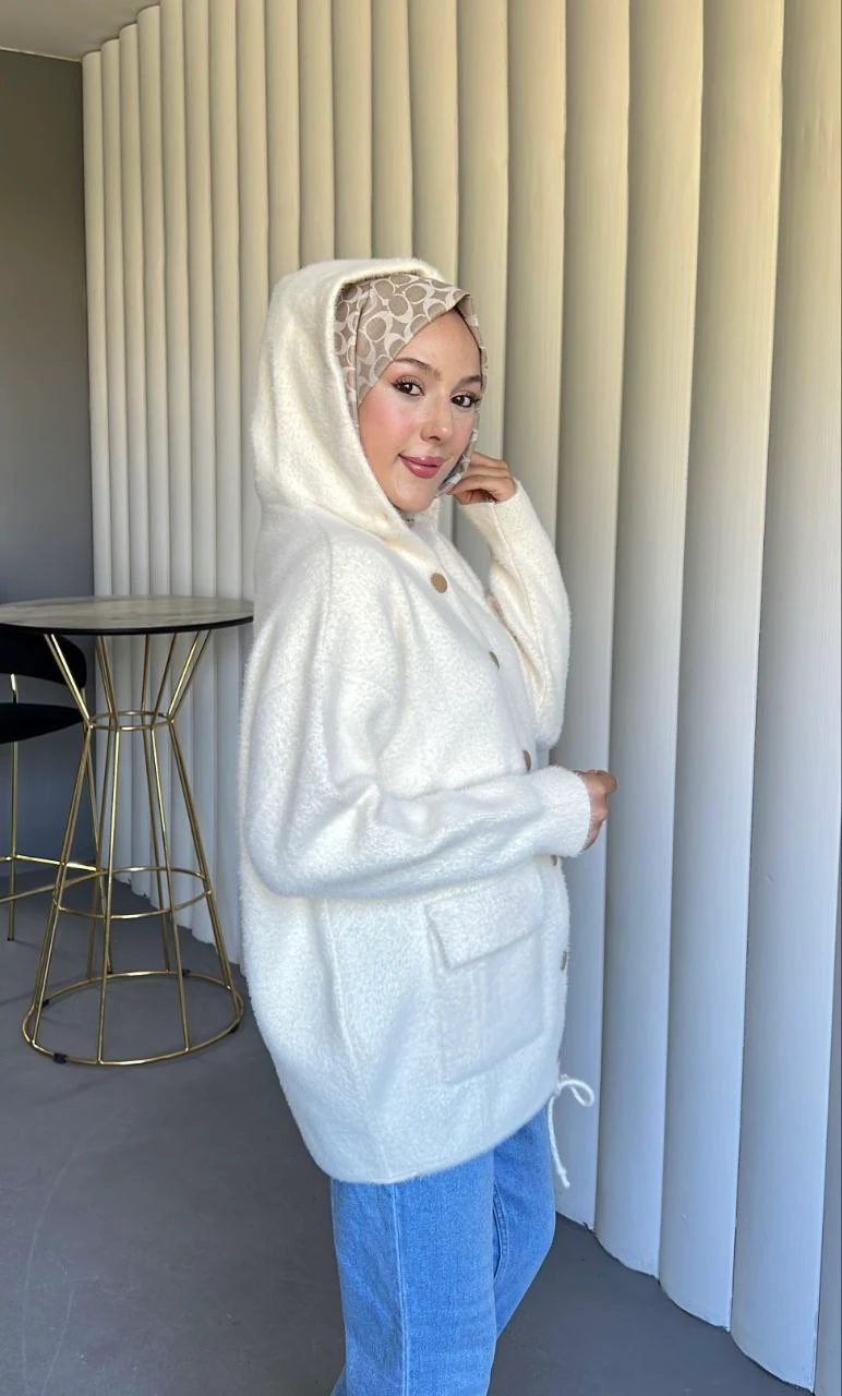 Kapşonlu Alt İp Büzgülü Salaş Triko Yumoş Hırka