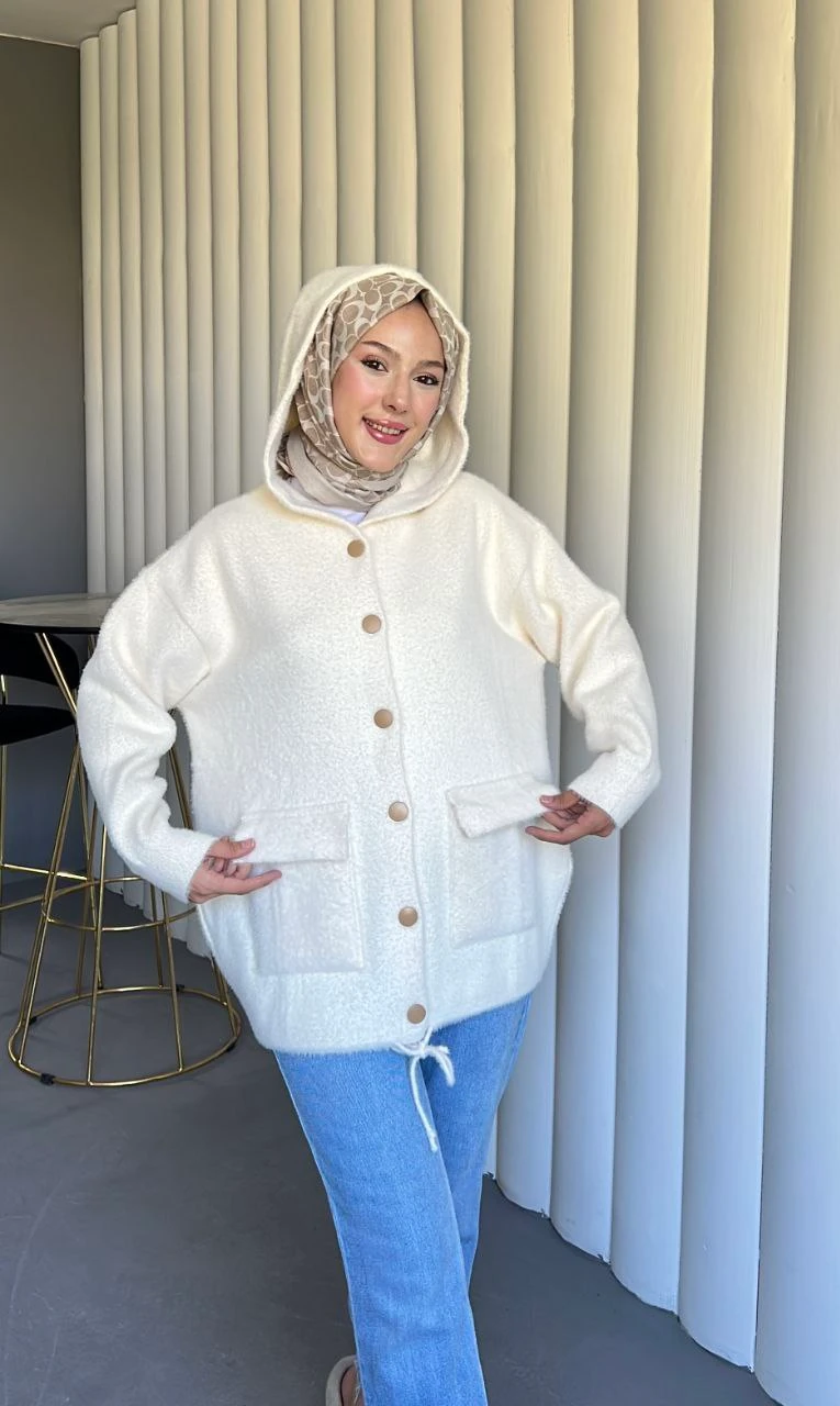 Kapşonlu Alt İp Büzgülü Salaş Triko Yumoş Hırka - EKRU