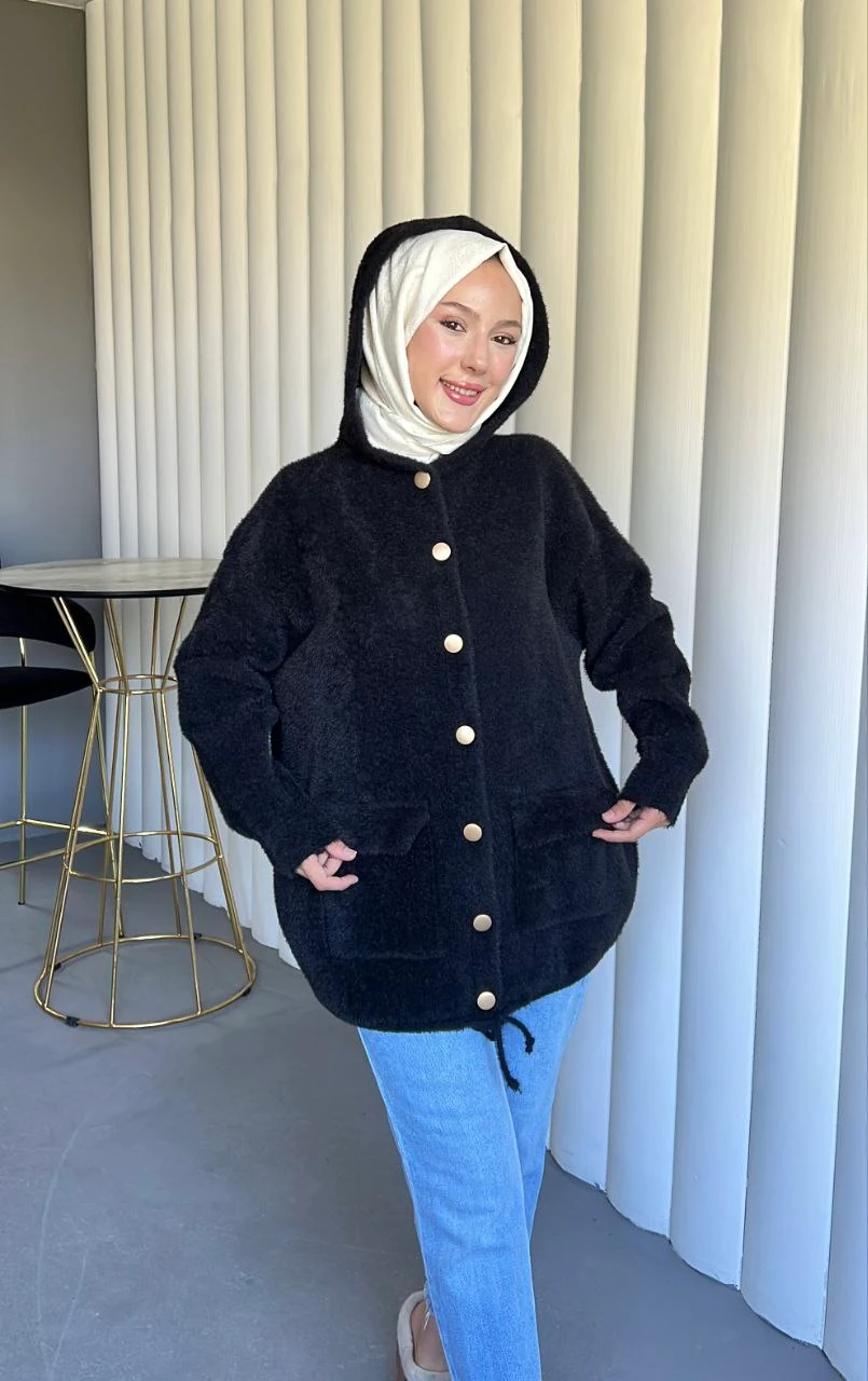 Kapşonlu Alt İp Büzgülü Salaş Triko Yumoş Hırka - SİYAH