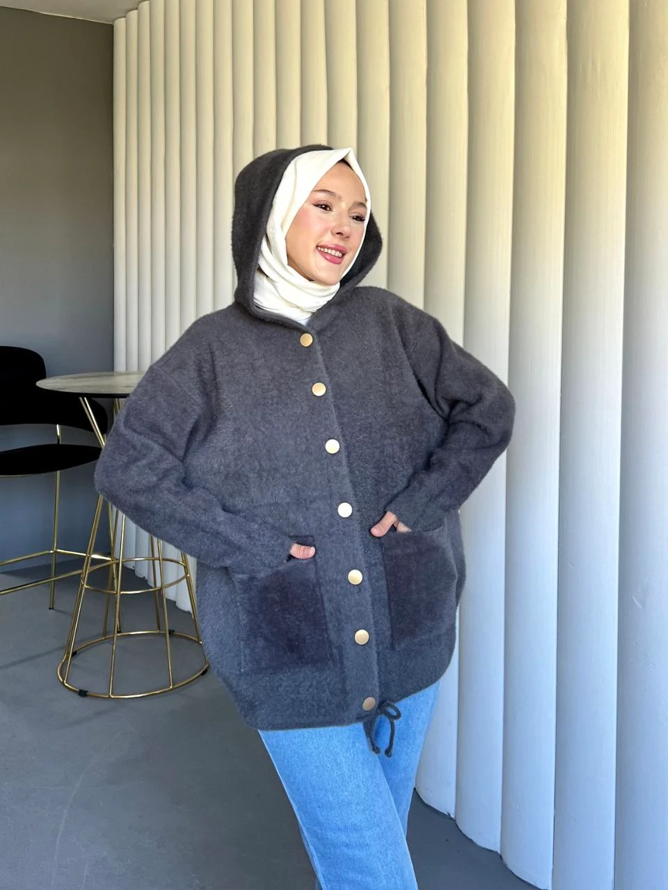 Kapşonlu Alt İp Büzgülü Salaş Triko Yumoş Hırka - GRİ