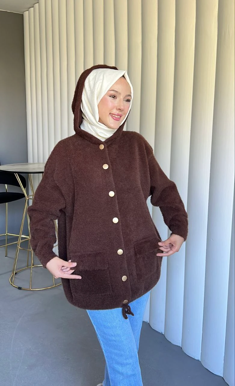 Kapşonlu Alt İp Büzgülü Salaş Triko Yumoş Hırka - KAHVERENGİ