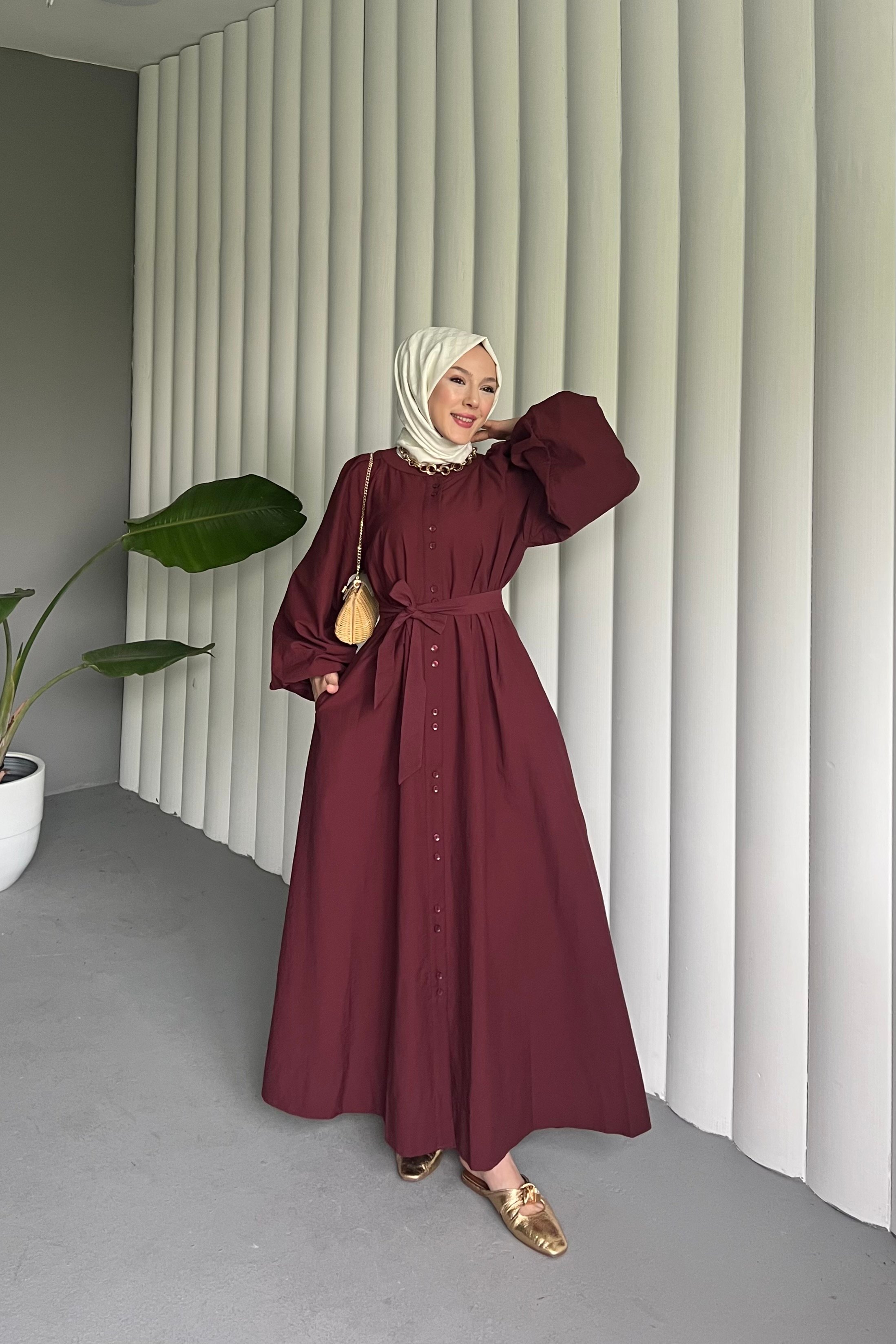 Yazlık Poplin Kuşaklı Tesettür Gömlek Elbise – Oversize Maxi Model - BORDO
