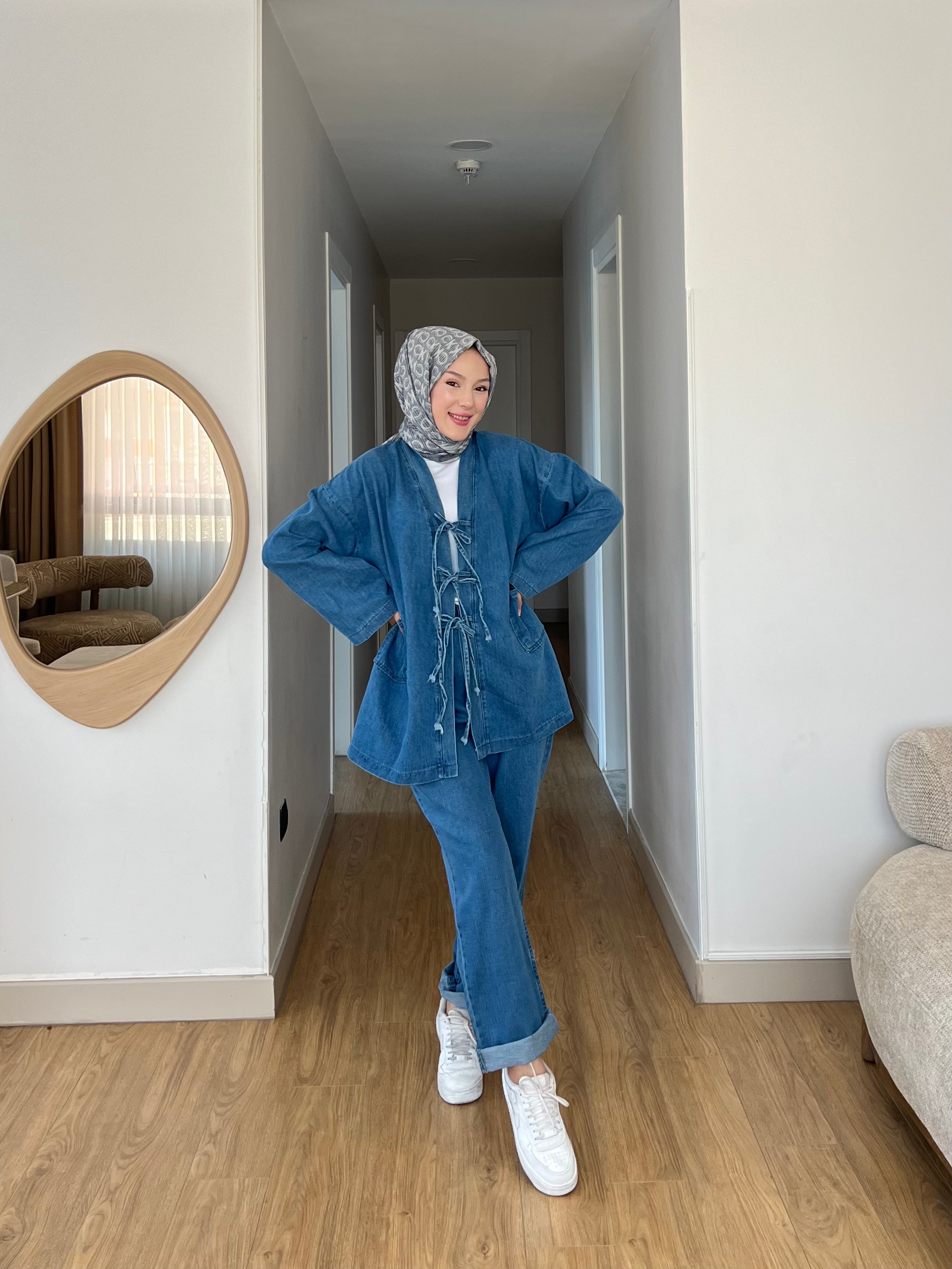 Kimono Pantolon Rahat Klıp Denim İkili Takım