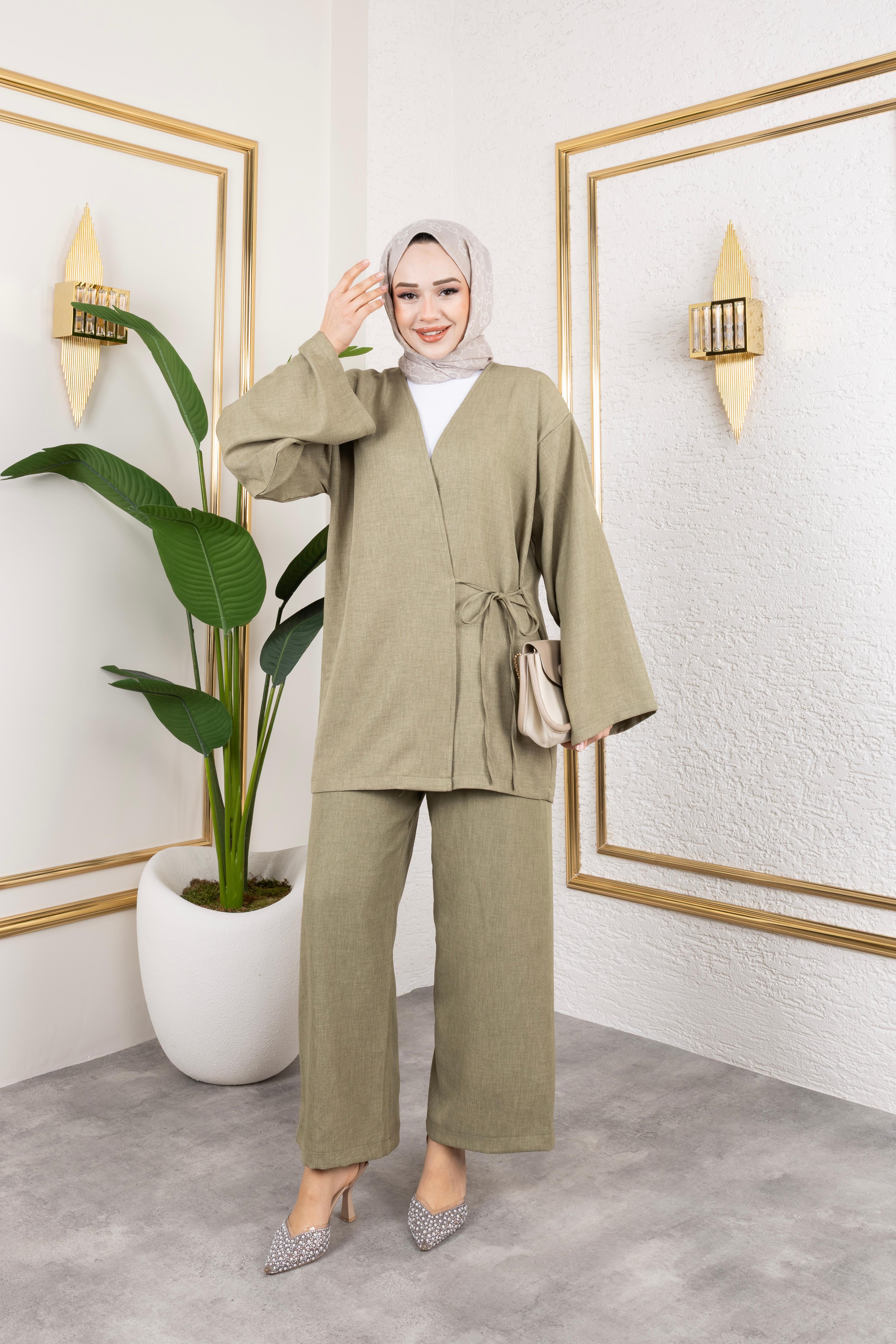 Salaş Kesim Keten Yazlık Pantolon Kimono Takım – Bağlama Detaylı Rahat ve Şık Kombin - YEŞİL