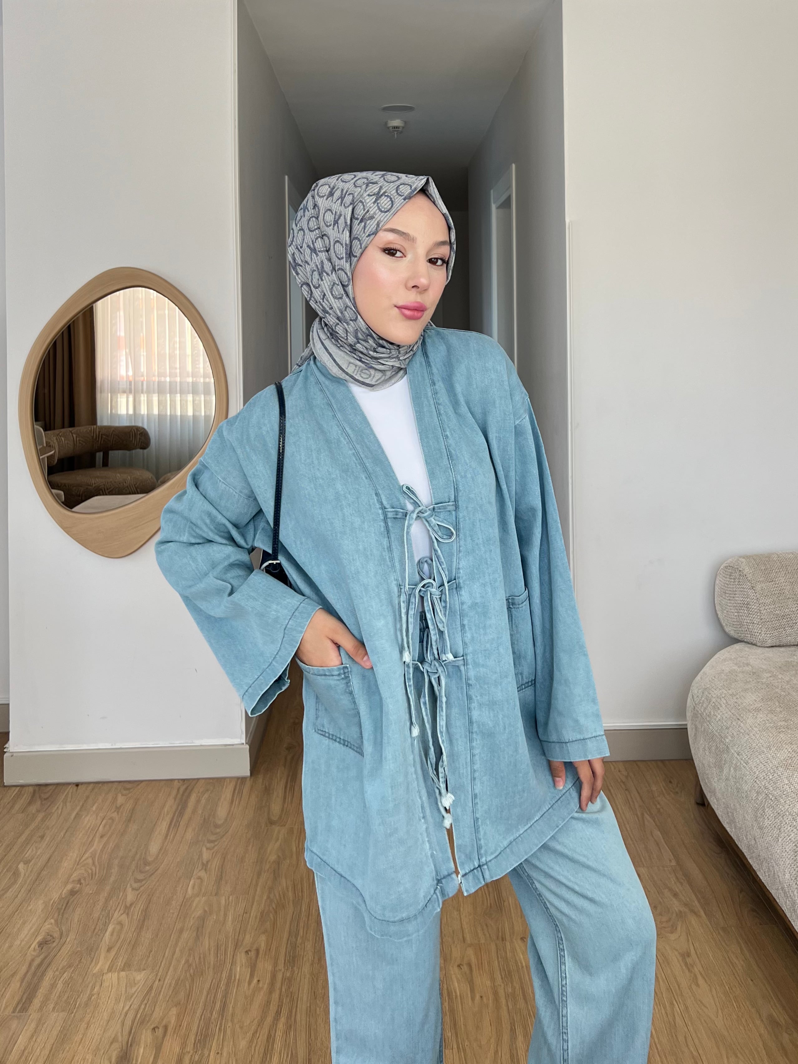 Kimono Pantolon Rahat Klıp Denim İkili Takım