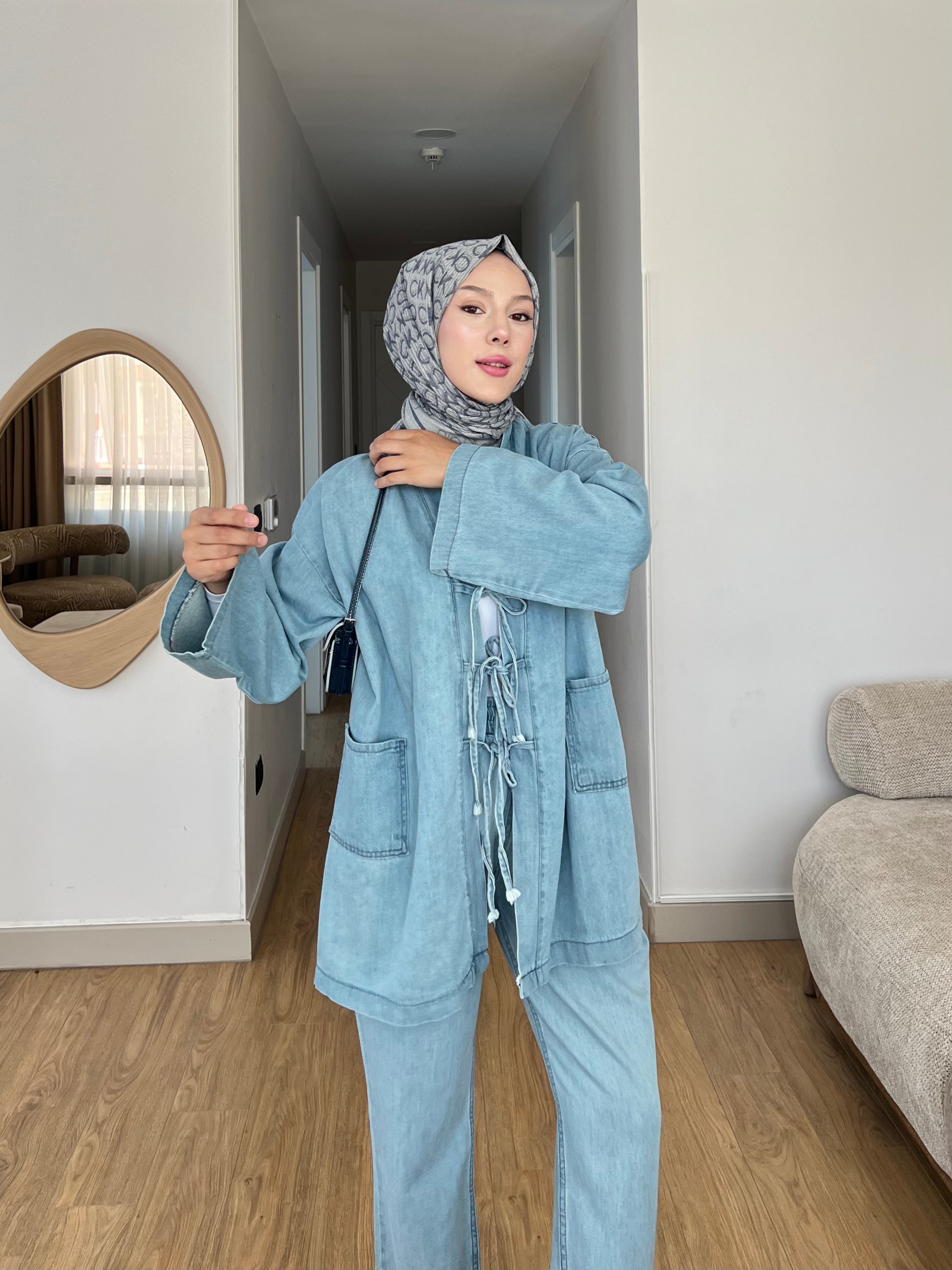 Kimono Pantolon Rahat Klıp Denim İkili Takım - AÇIK MAVİ
