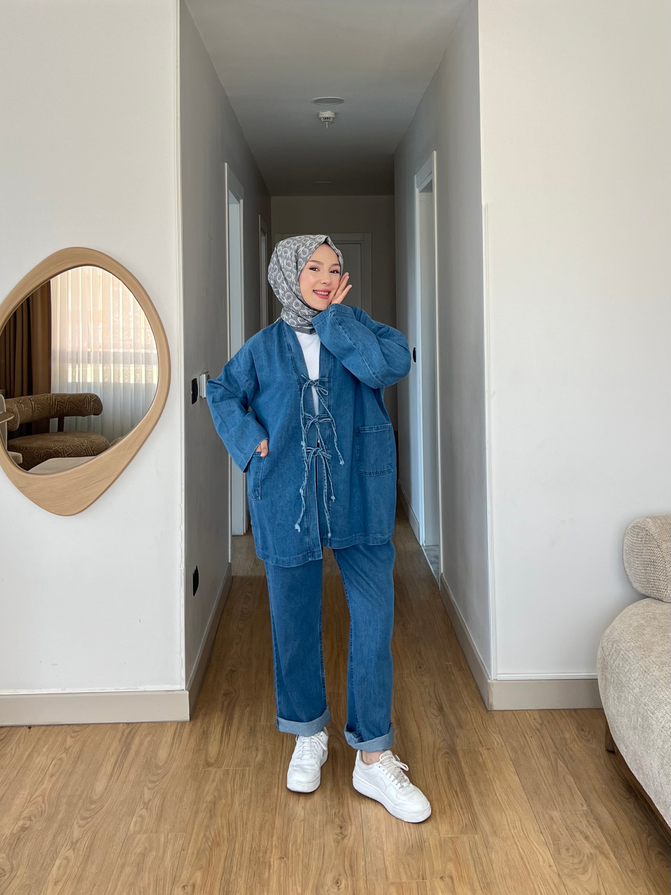 Kimono Pantolon Rahat Klıp Denim İkili Takım