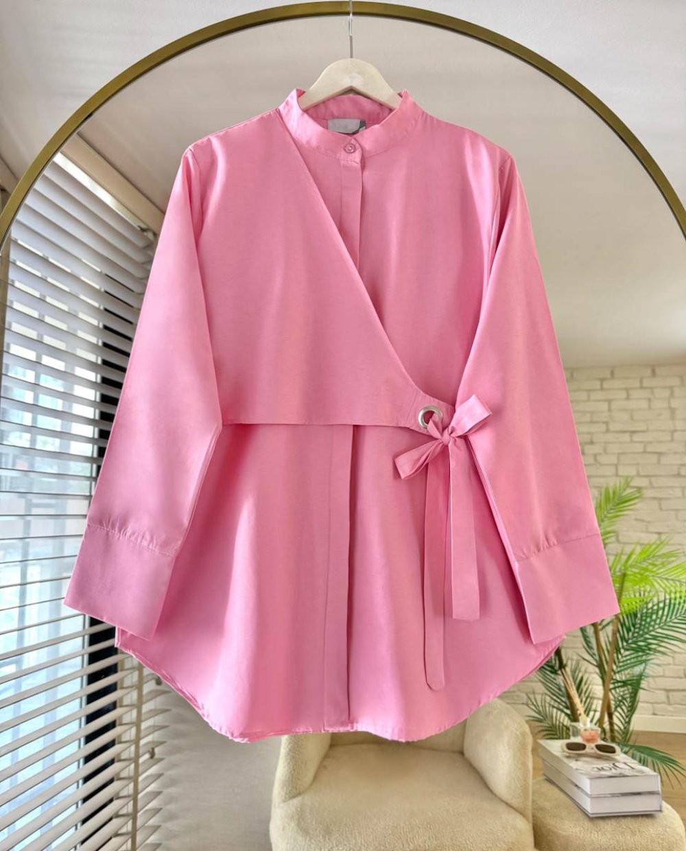 Modern  Tesettür Tunik Gömlek Kuşaklı Model - PEMBE