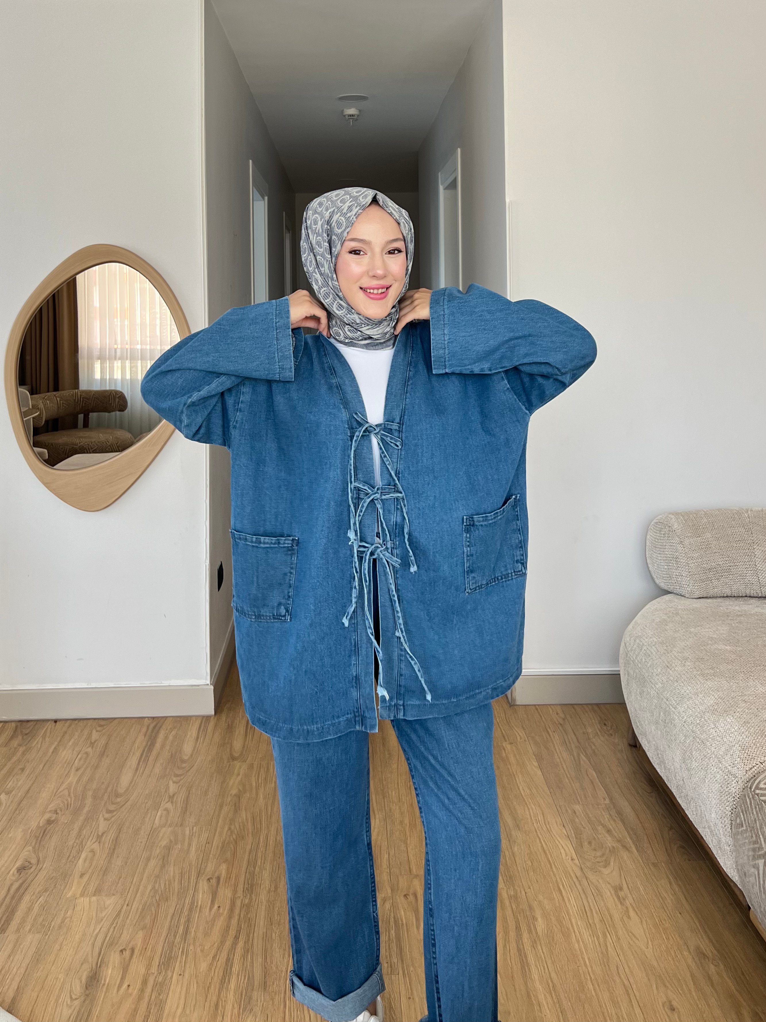 Kimono Pantolon Rahat Klıp Denim İkili Takım - KOYU MAVİ