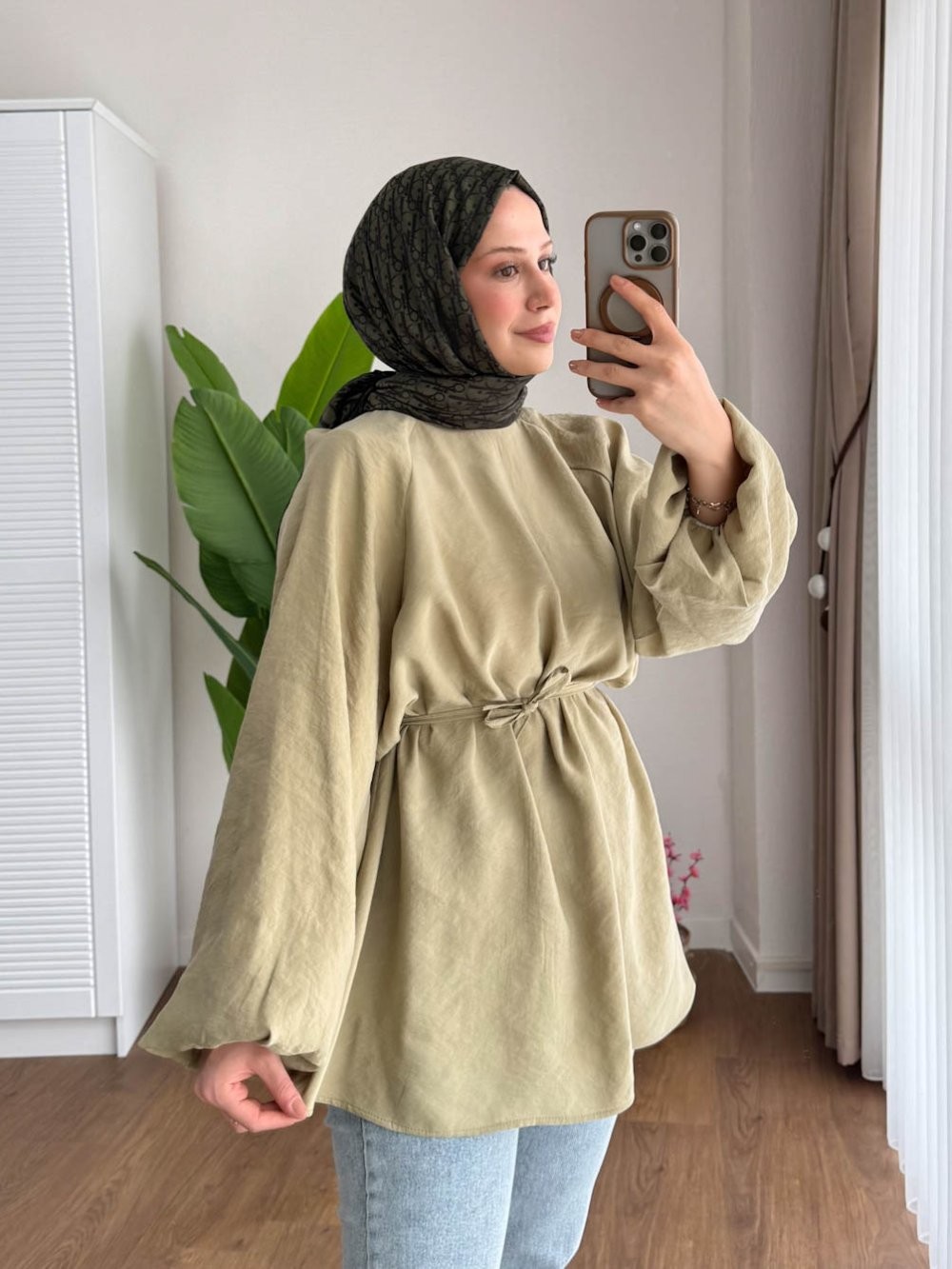 Balon Kol Modal Dokuma Tunik - küf yeşil