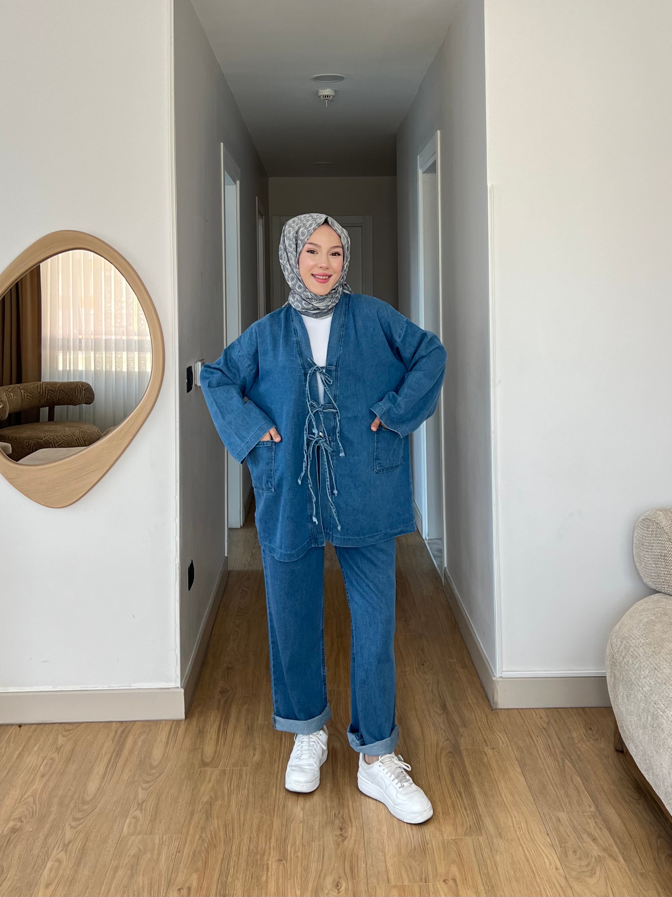 Kimono Pantolon Rahat Klıp Denim İkili Takım