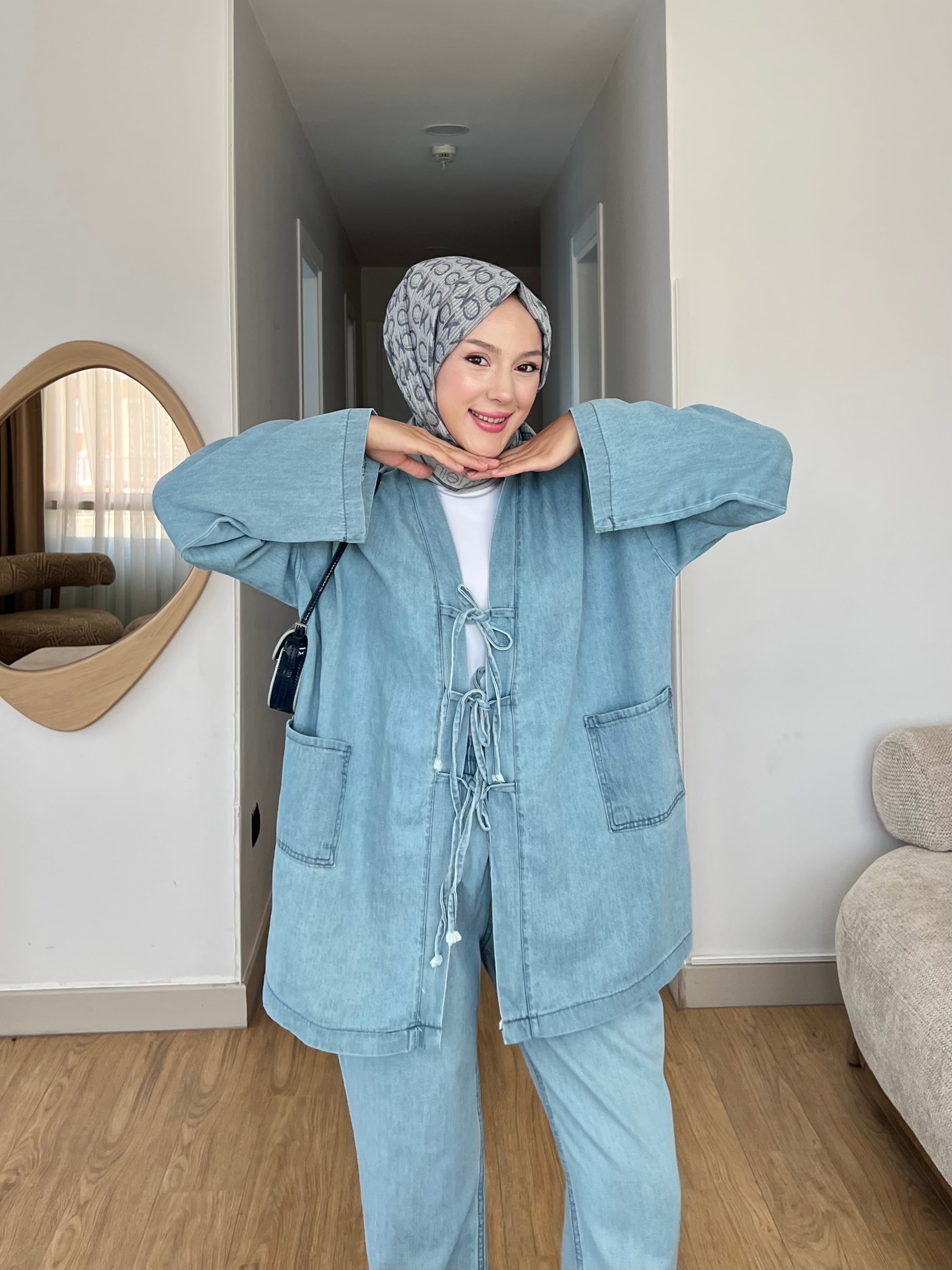 Kimono Pantolon Rahat Klıp Denim İkili Takım - AÇIK MAVİ