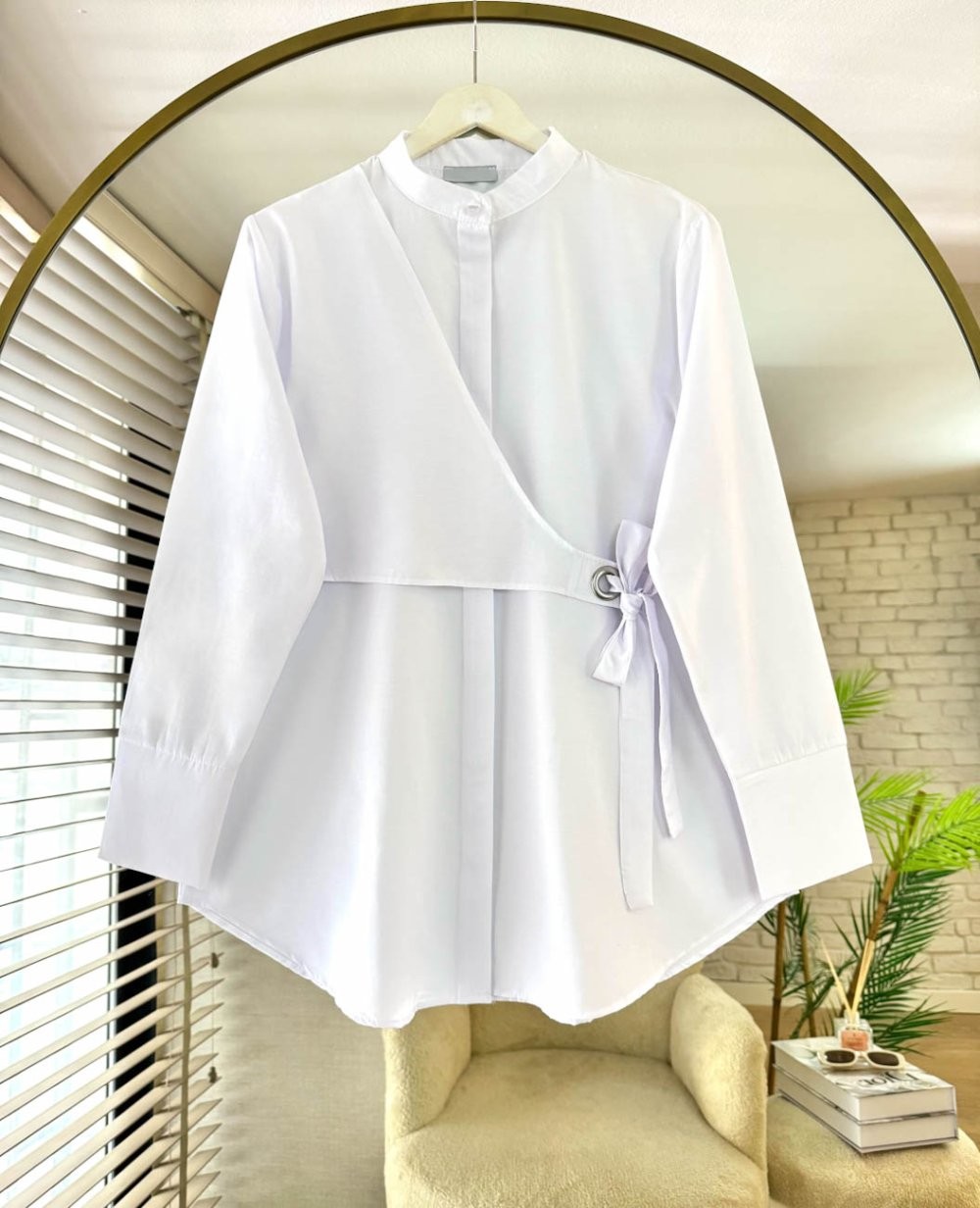 Modern  Tesettür Tunik Gömlek Kuşaklı Model - BEYAZ
