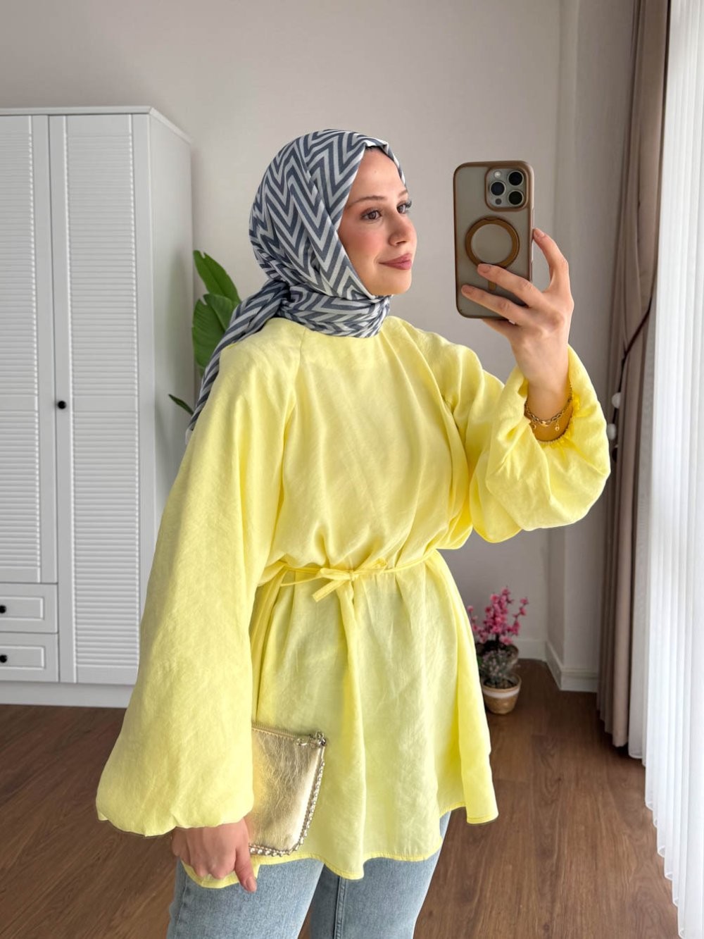 Balon Kol Modal Dokuma Tunik - sarı