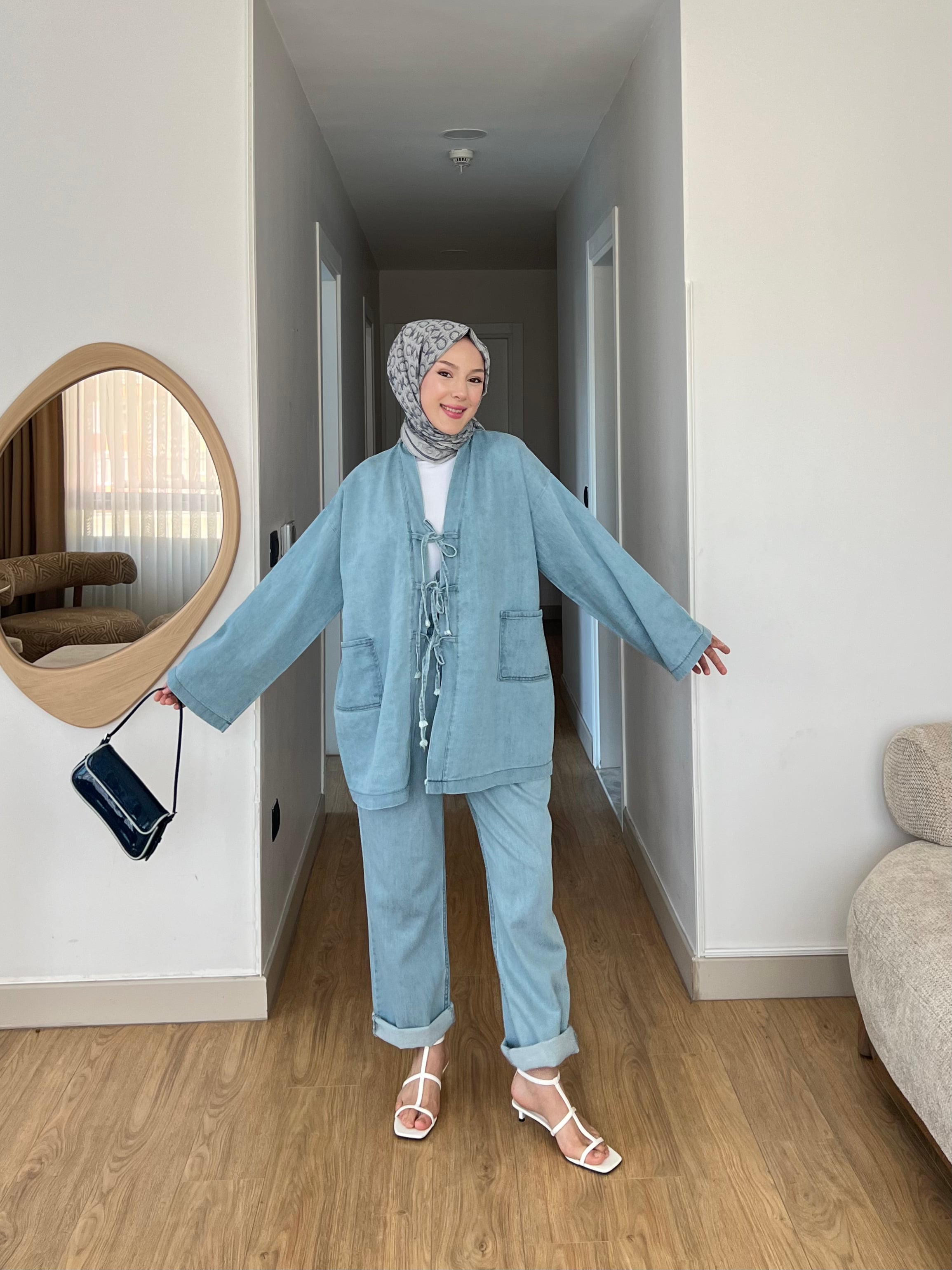 Kimono Pantolon Rahat Klıp Denim İkili Takım