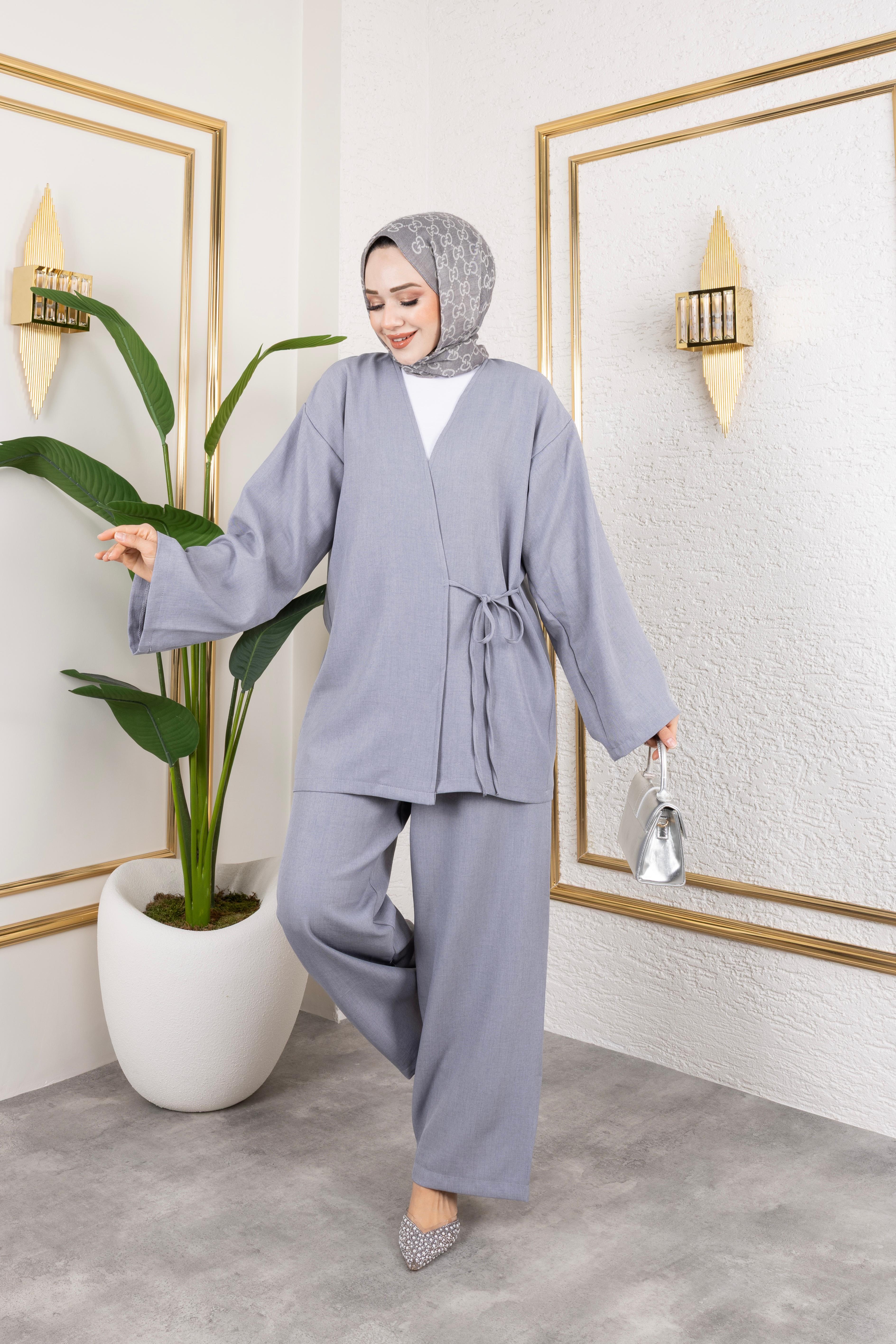 Salaş Kesim Keten Yazlık Pantolon Kimono Takım – Bağlama Detaylı Rahat ve Şık Kombin - GRİ