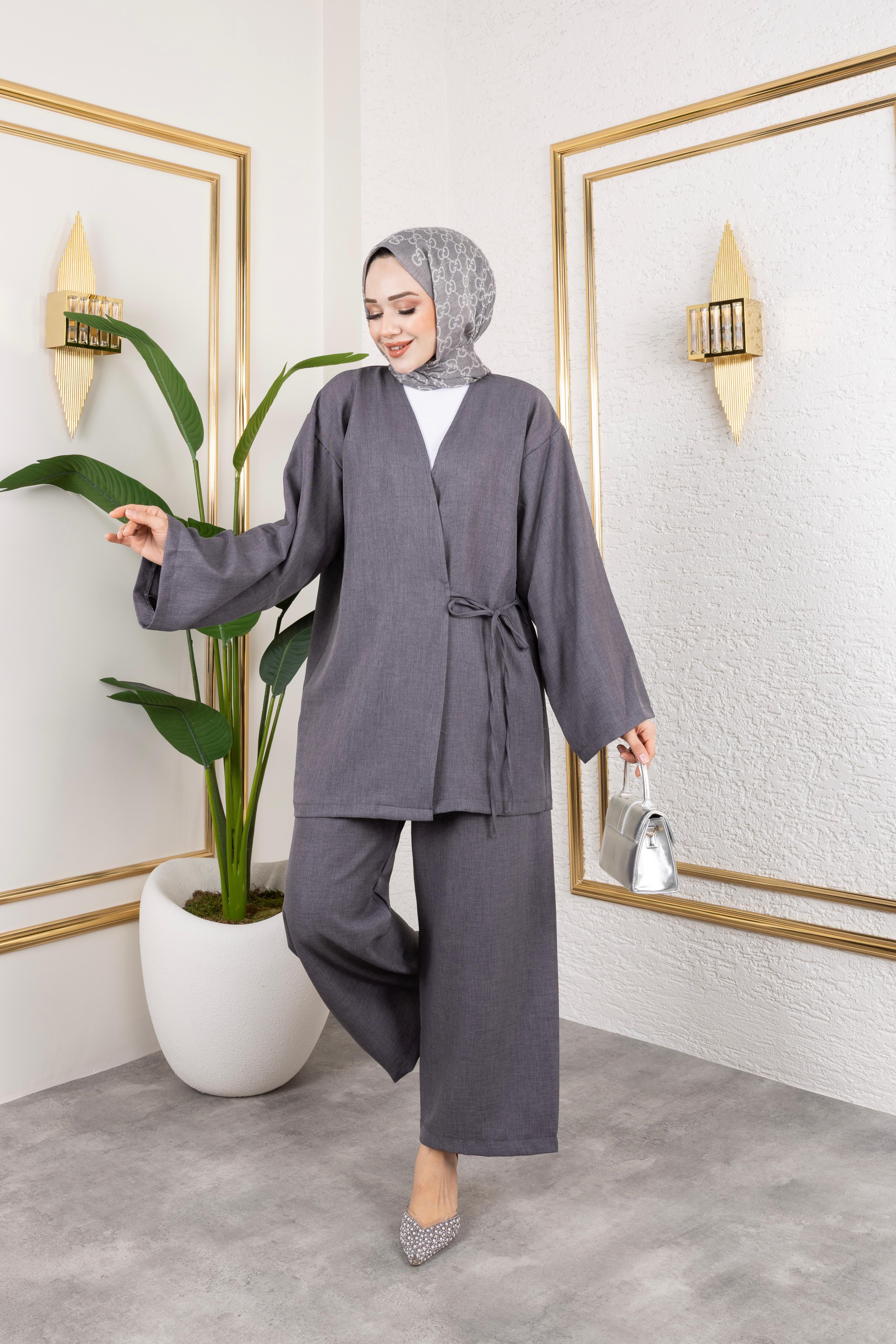 Salaş Kesim Keten Yazlık Pantolon Kimono Takım – Bağlama Detaylı Rahat ve Şık Kombin - ANTRASİT