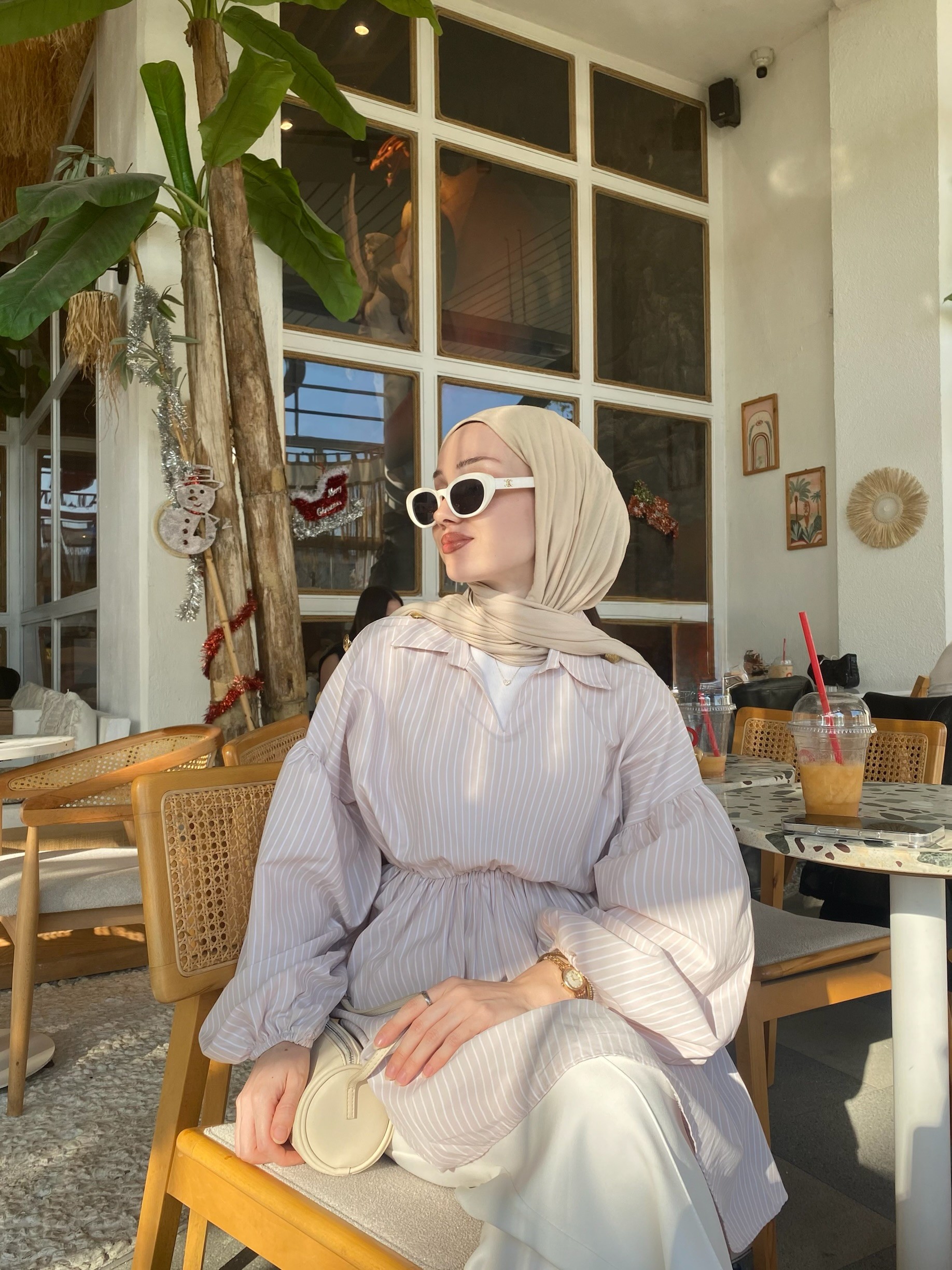 Omuz Düğme Detay Çizgili Tunik