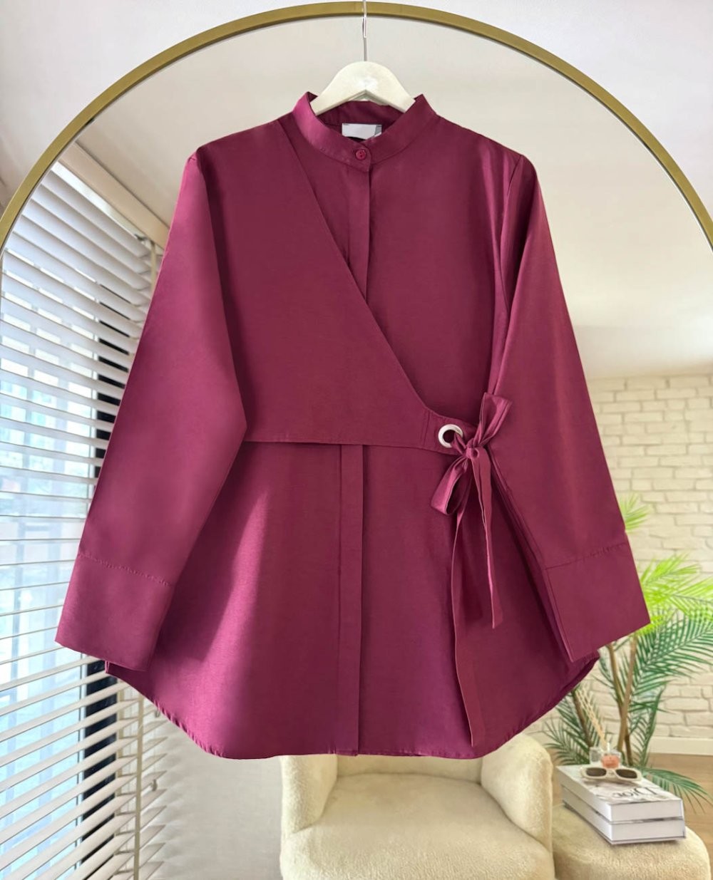 Modern  Tesettür Tunik Gömlek Kuşaklı Model - BORDO
