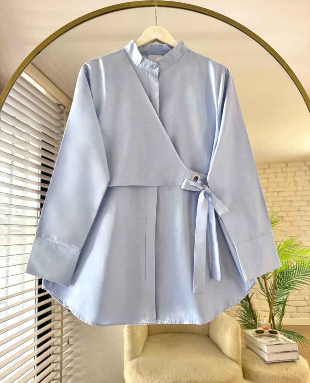 Modern  Tesettür Tunik Gömlek Kuşaklı Model - MAVİ