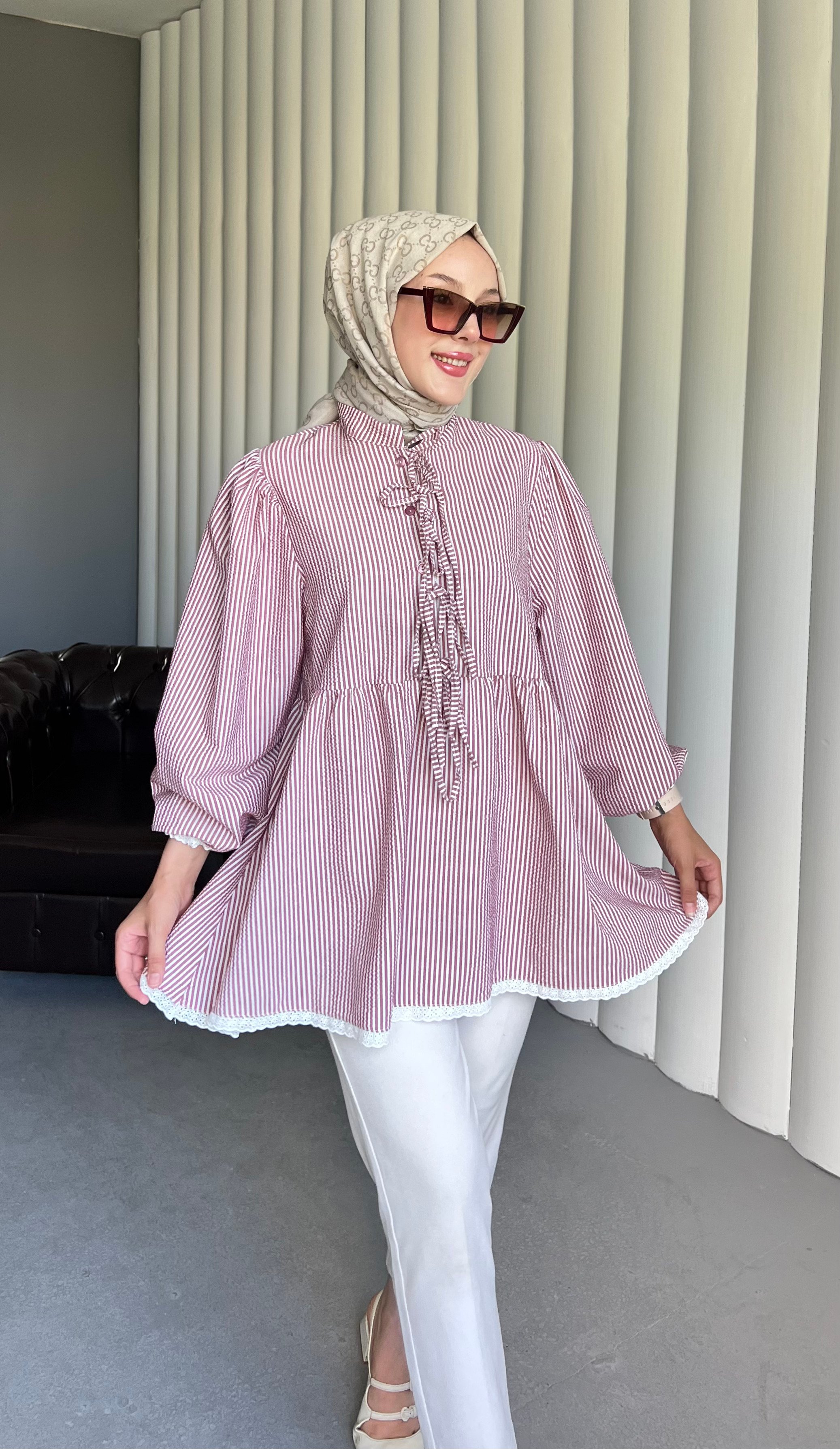 “Çizgili Gofre Tesettür Tunik – Salaş Puf Kol Şıklığı” - PEMBE