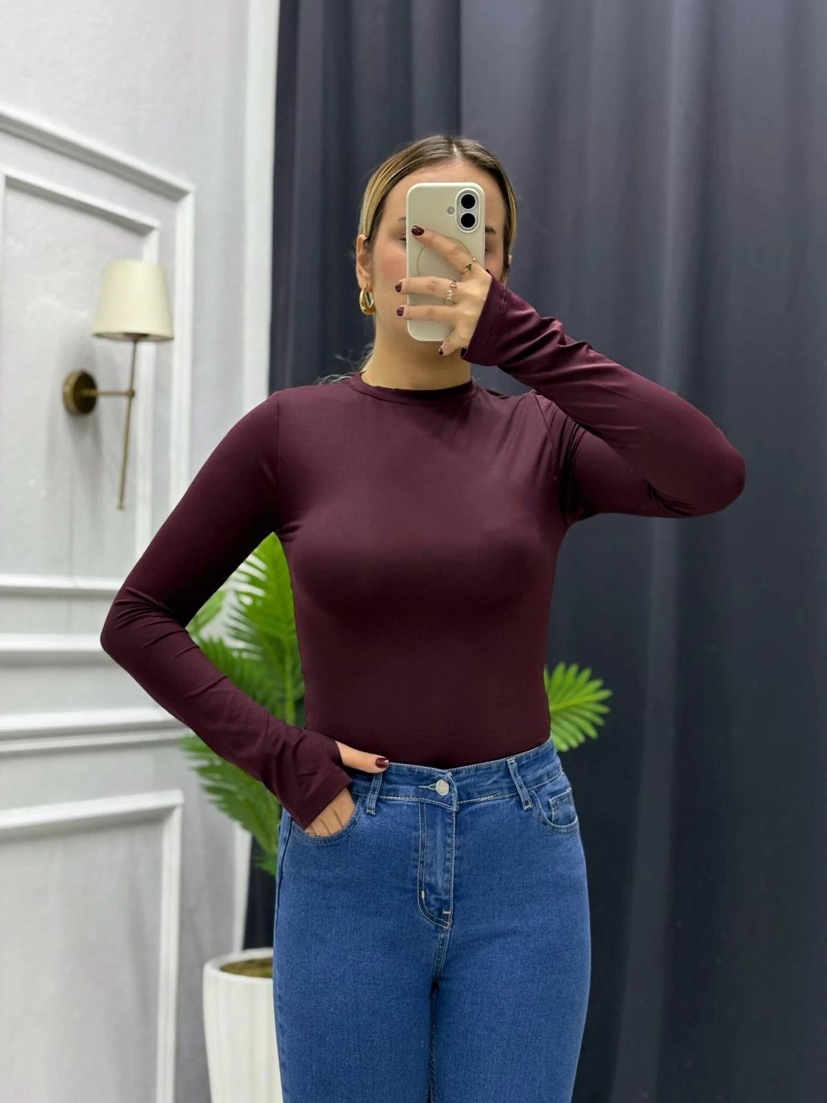 Halter Yaka Parmak Geçmeli Bluz - BORDO