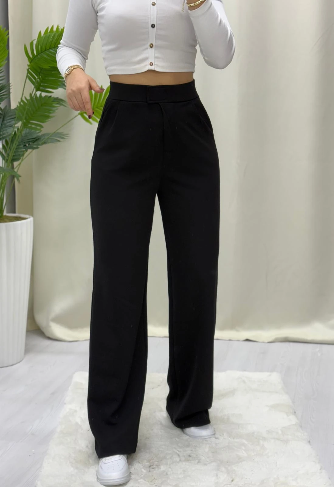 Krep Kumaş Cırtlı Palazzo Pantolon - SİYAH