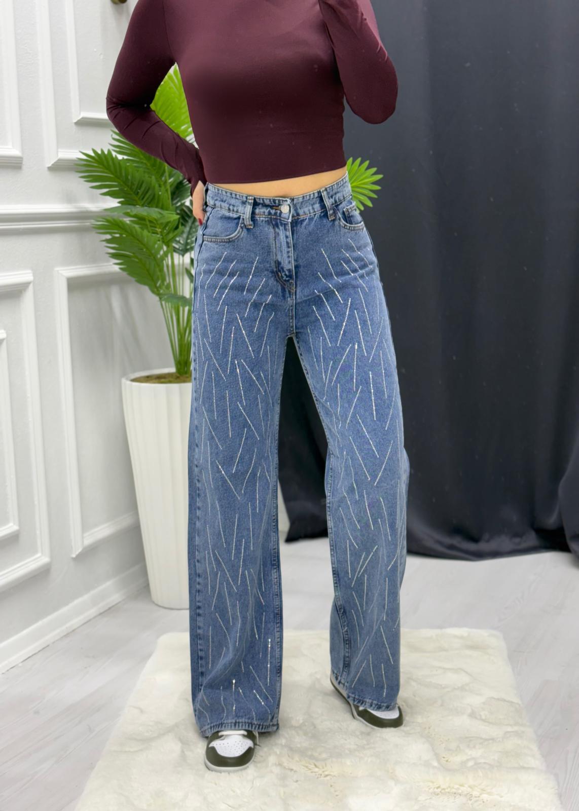 Şerit Taşlı  Jean Pantolon - KOYU MAVİ