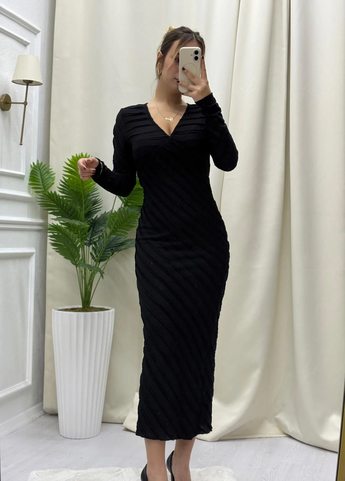 Gofre V Yaka Maxi Boy Elbise