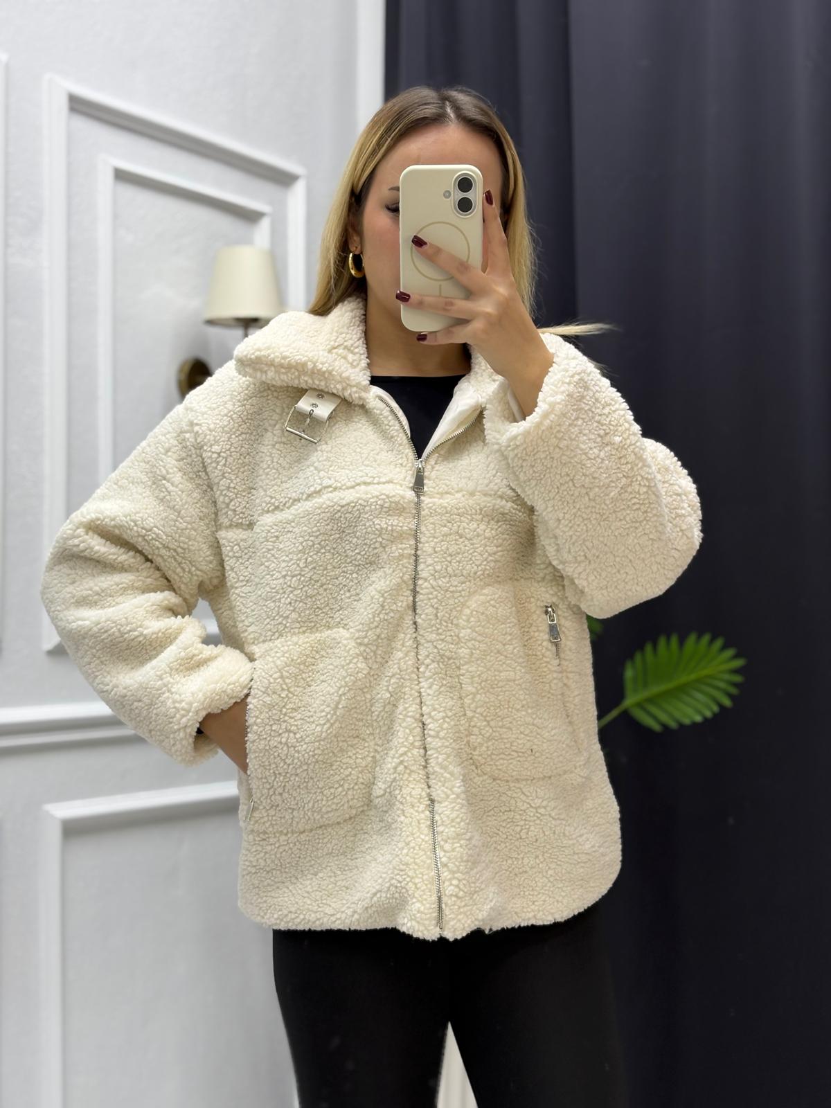 Peluş Kemer Detaylı Cepli ceket