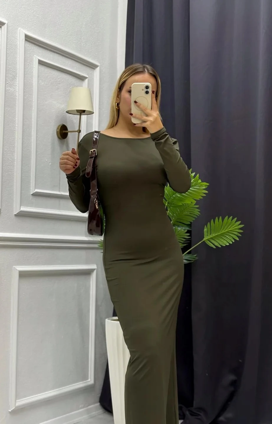 Sırt Dekolteli Uzun Elbise - HAKİ YEŞİLİ