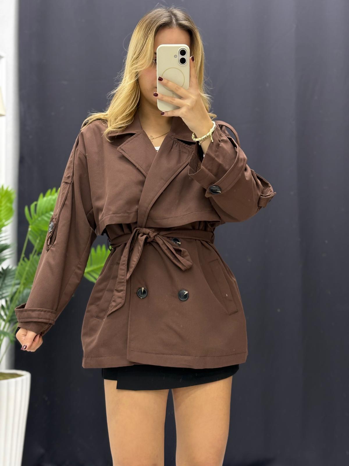 Bel Kuşaklı Düğme Detay İç Astarlı Oversize Trençkot - KAHVERENGİ