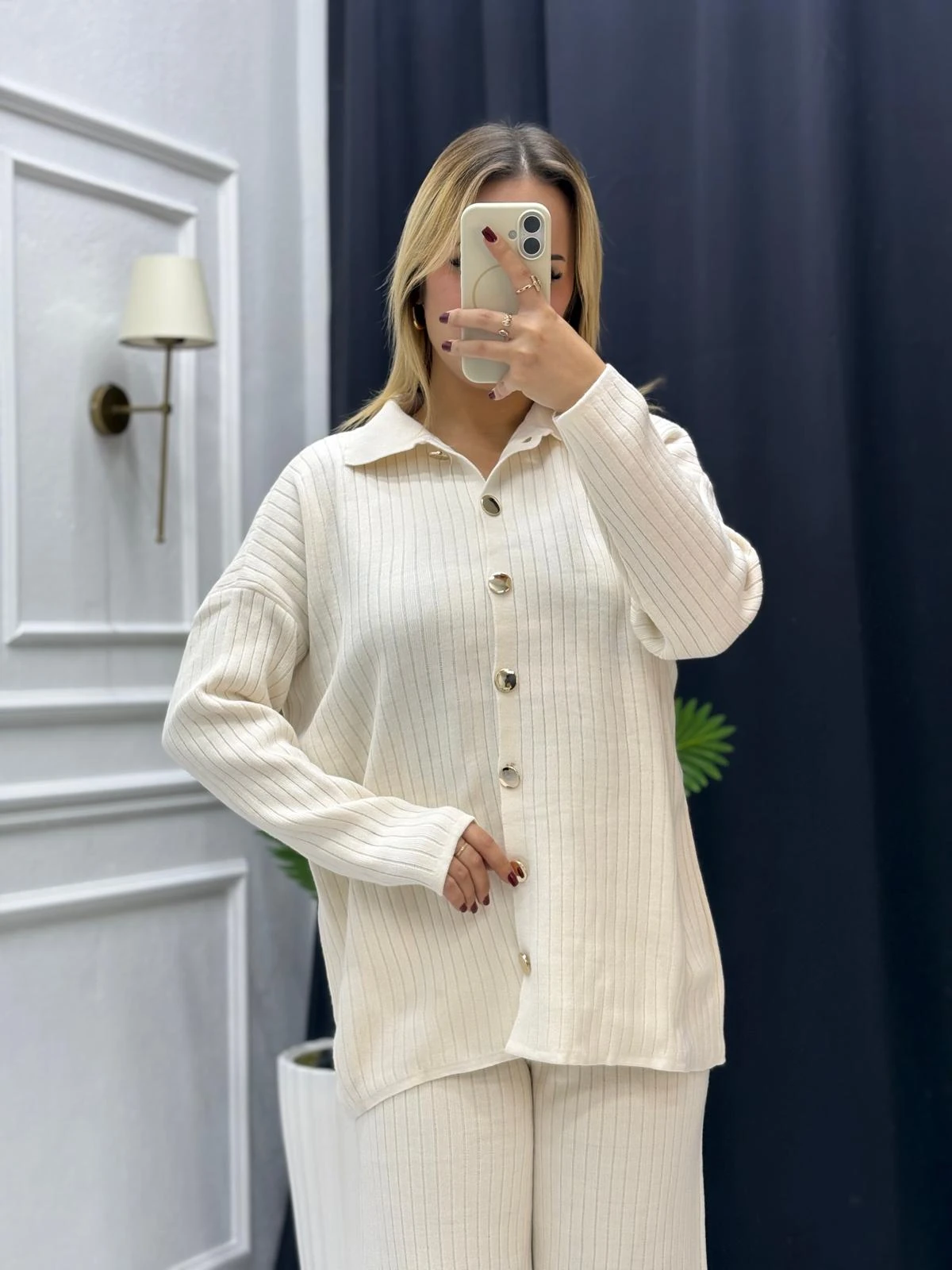 Düğme Detay Kadın Triko Takım - EKRU